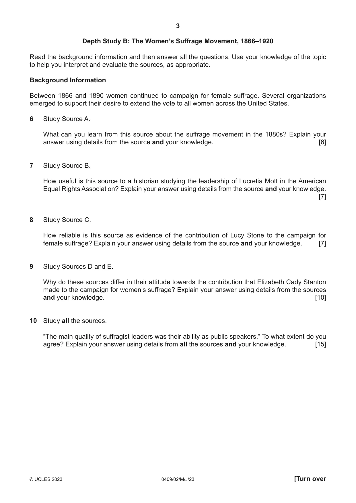 Cambridge IGCSE History American BES 0409 2023 May/June Paper 2 · Variant 0 question paper, page 3 of 8