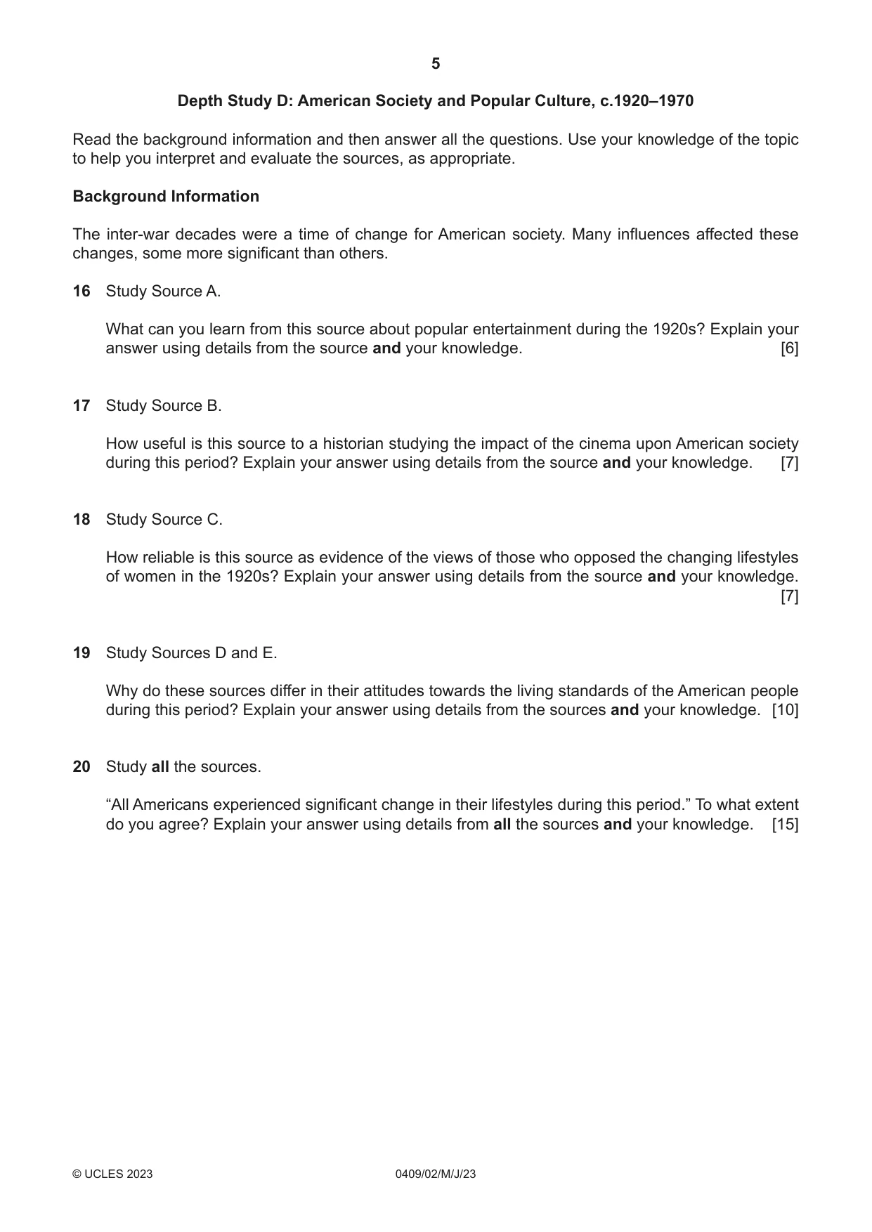 Cambridge IGCSE History American BES 0409 2023 May/June Paper 2 · Variant 0 question paper, page 5 of 8