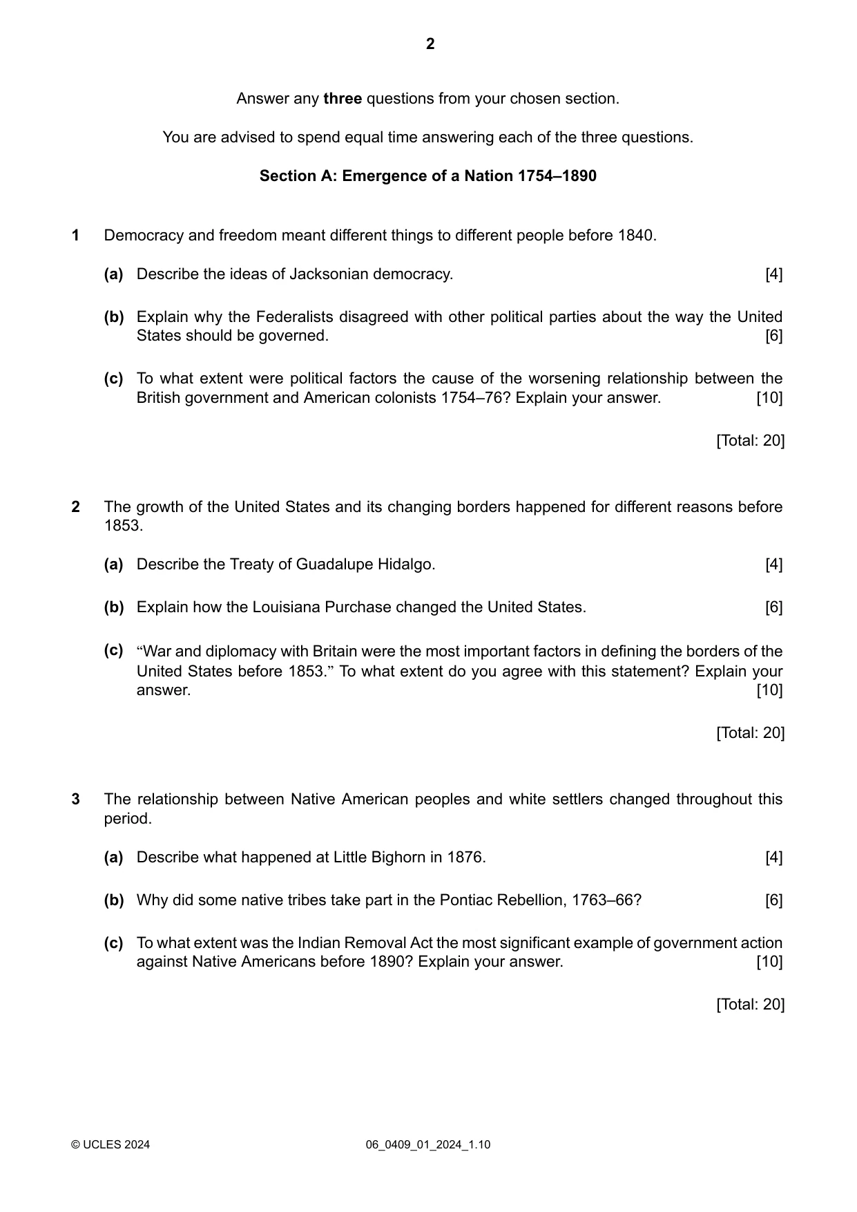 Cambridge IGCSE History American BES 0409 2024 May/June Paper 1 · Variant 0 question paper, page 2 of 8