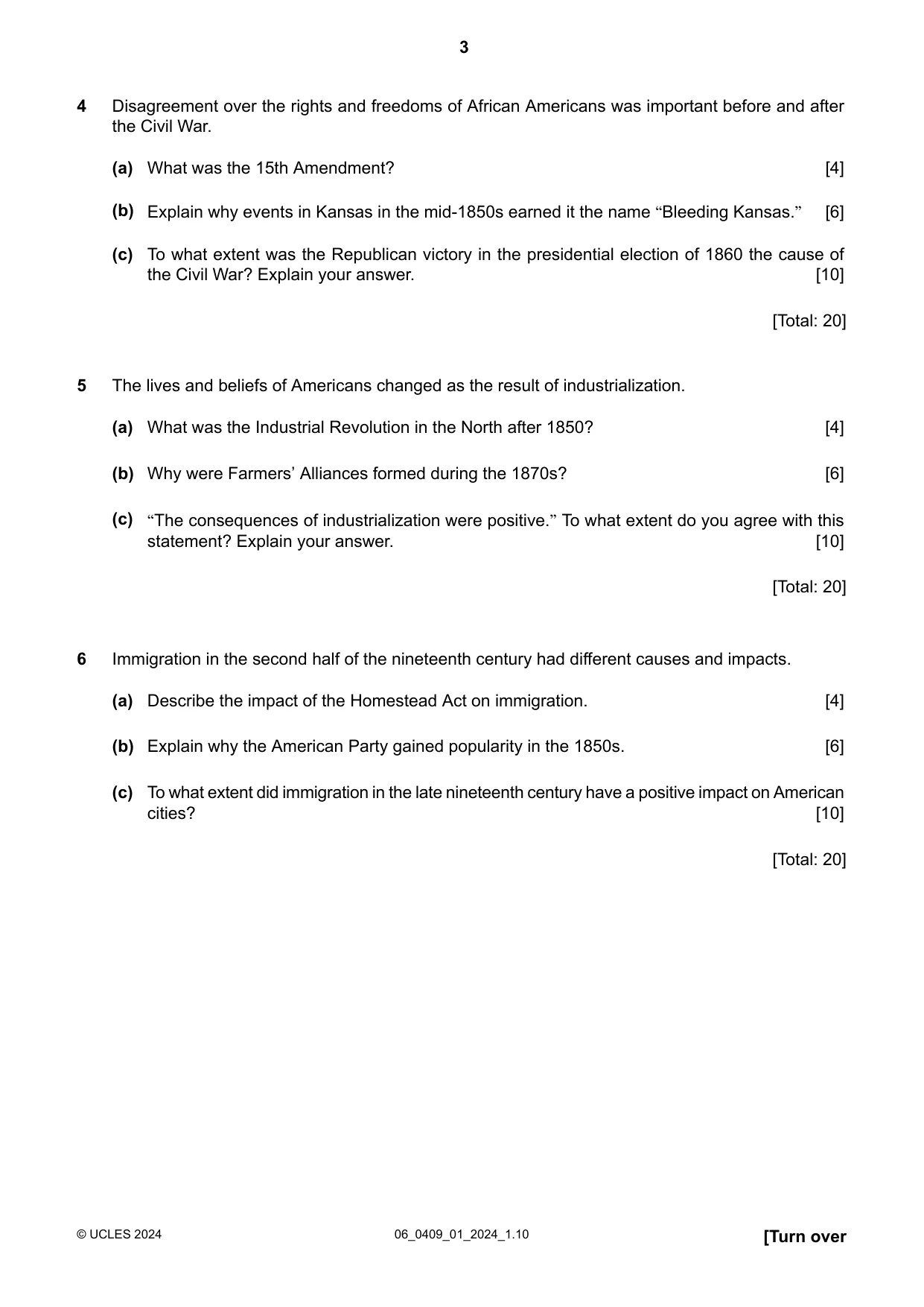 Cambridge IGCSE History American BES 0409 2024 May/June Paper 1 · Variant 0 question paper, page 3 of 8