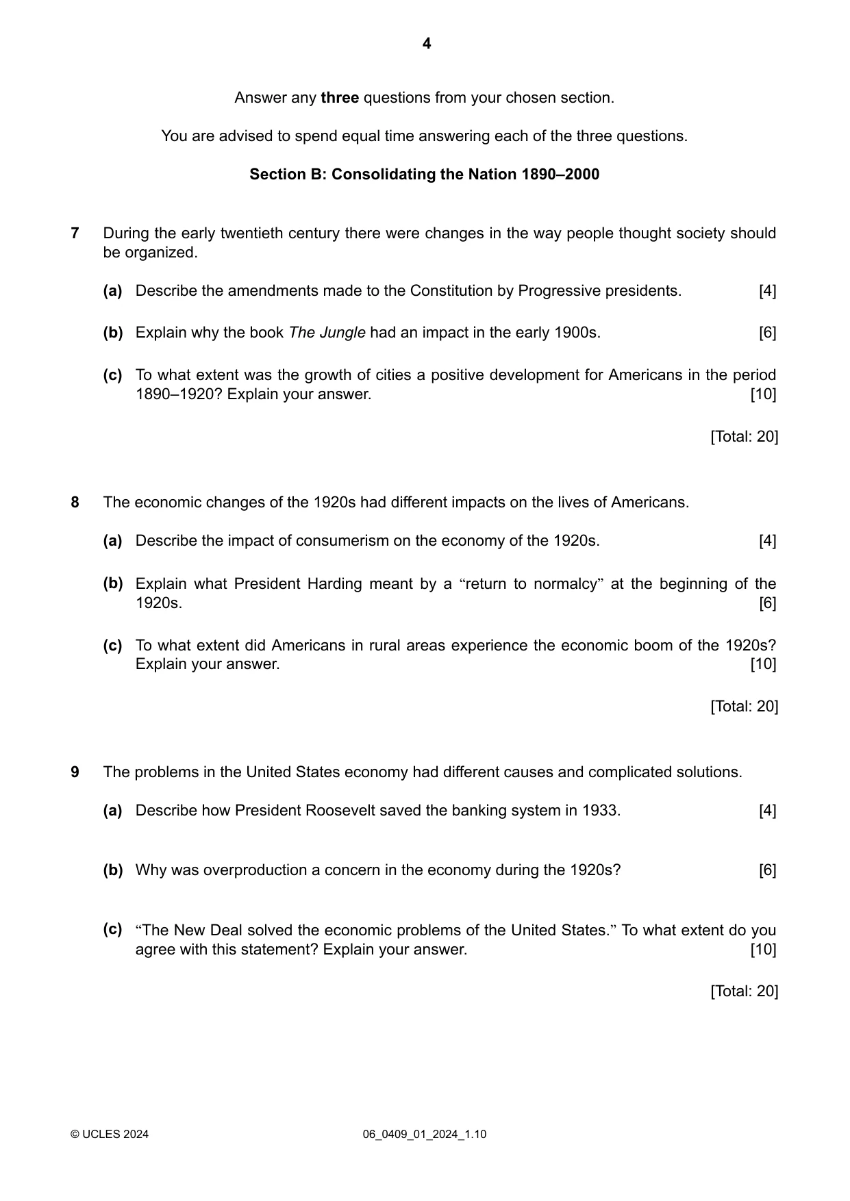 Cambridge IGCSE History American BES 0409 2024 May/June Paper 1 · Variant 0 question paper, page 4 of 8
