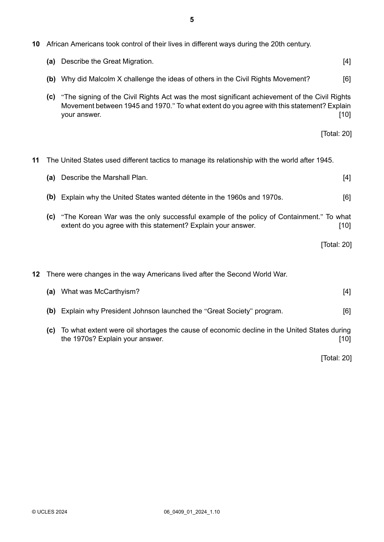 Cambridge IGCSE History American BES 0409 2024 May/June Paper 1 · Variant 0 question paper, page 5 of 8