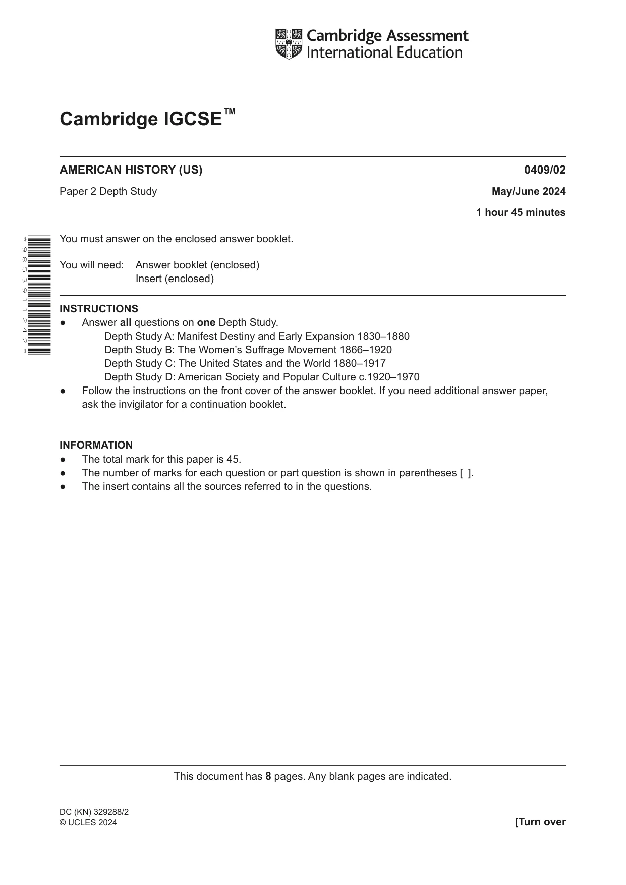 Cambridge IGCSE History American BES 0409 2024 May/June Paper 2 · Variant 0 question paper, page 1 of 8