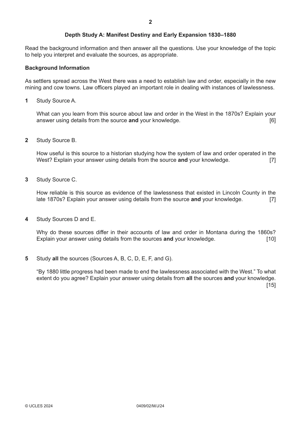 Cambridge IGCSE History American BES 0409 2024 May/June Paper 2 · Variant 0 question paper, page 2 of 8