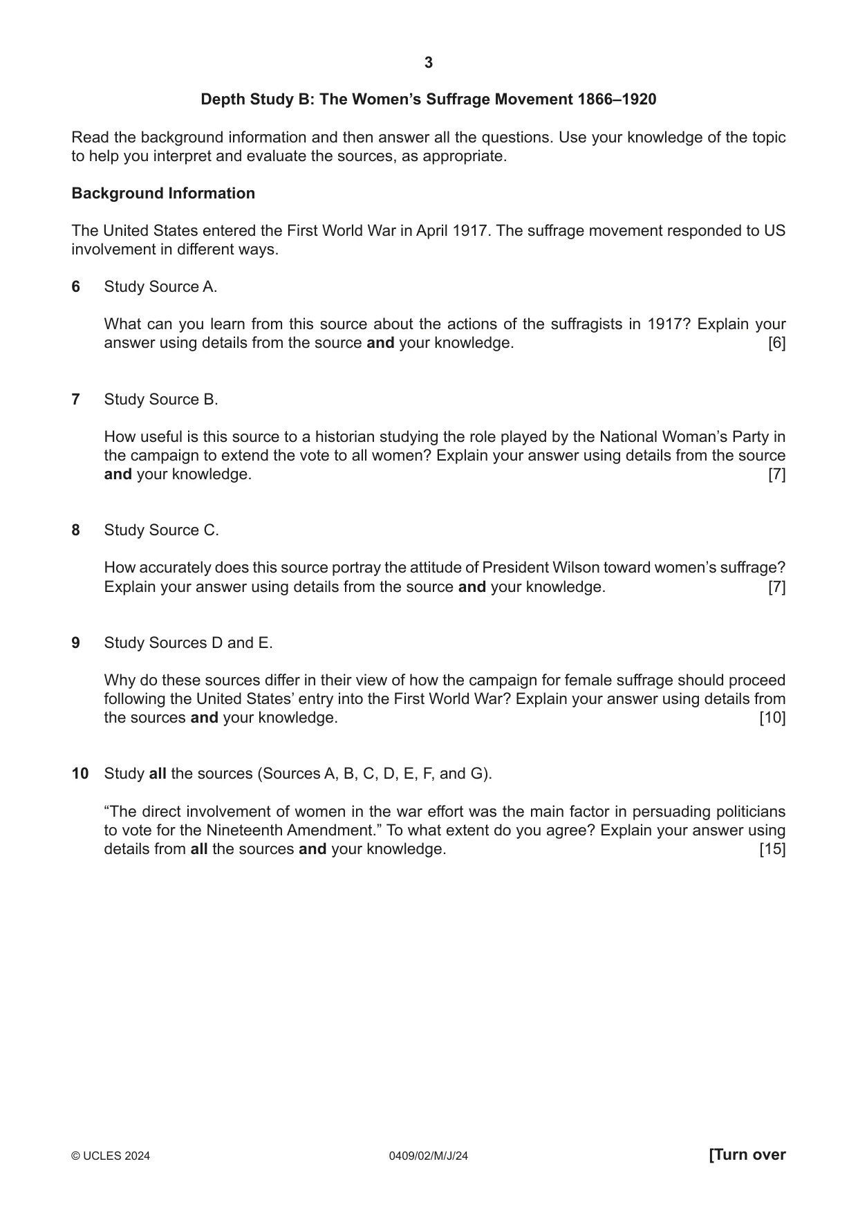 Cambridge IGCSE History American BES 0409 2024 May/June Paper 2 · Variant 0 question paper, page 3 of 8