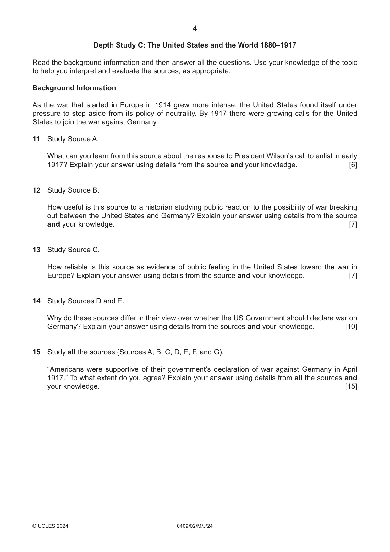 Cambridge IGCSE History American BES 0409 2024 May/June Paper 2 · Variant 0 question paper, page 4 of 8