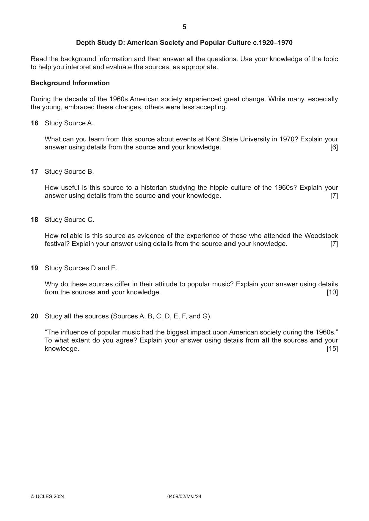 Cambridge IGCSE History American BES 0409 2024 May/June Paper 2 · Variant 0 question paper, page 5 of 8