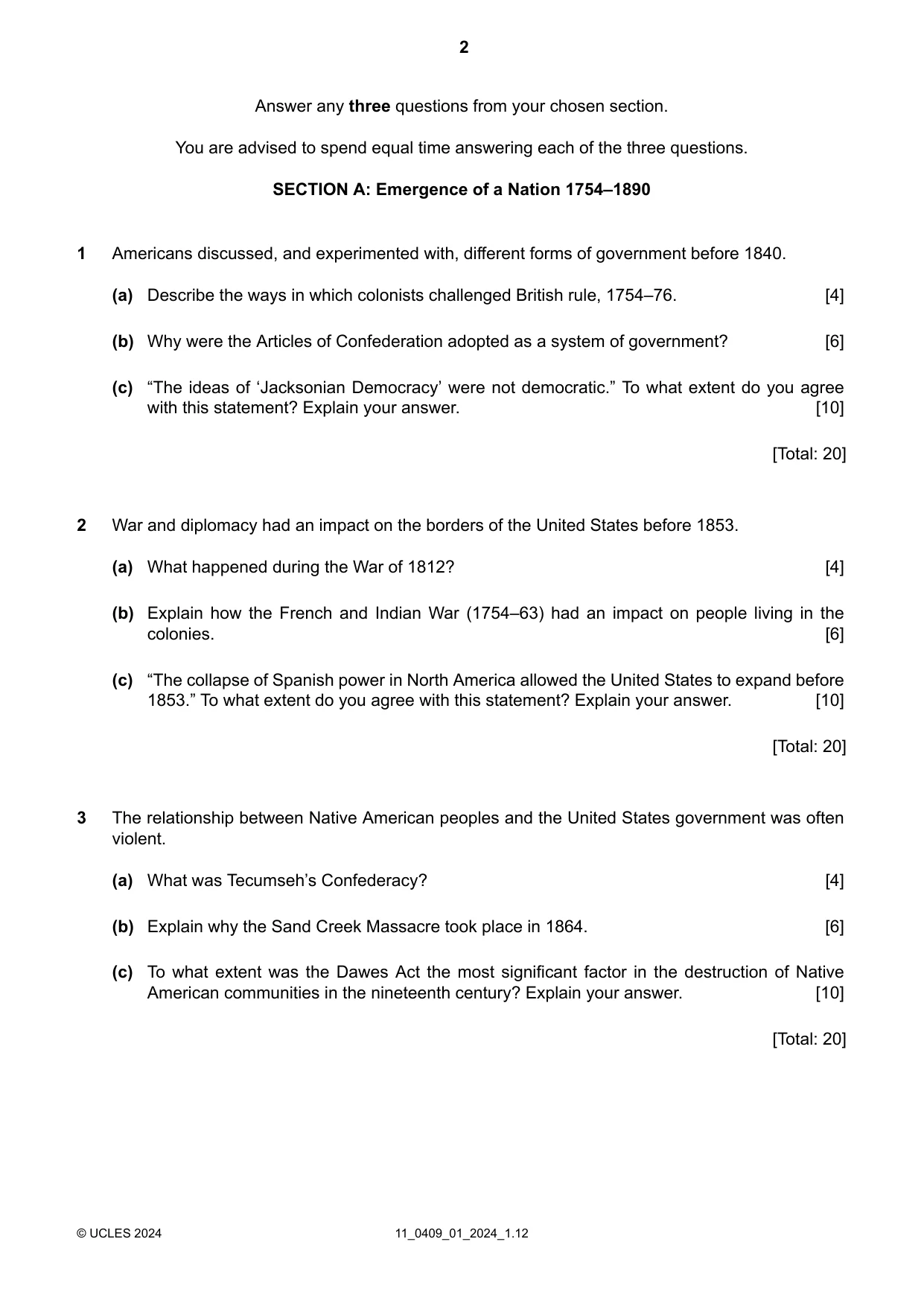 Cambridge IGCSE History American BES 0409 2024 Oct/Nov Paper 1 · Variant 0 question paper, page 2 of 8