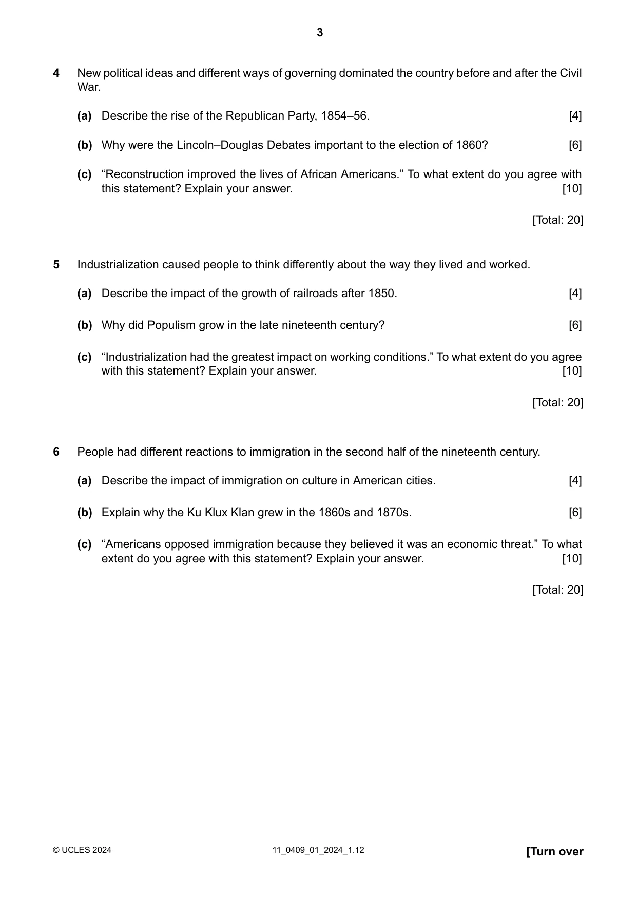 Cambridge IGCSE History American BES 0409 2024 Oct/Nov Paper 1 · Variant 0 question paper, page 3 of 8