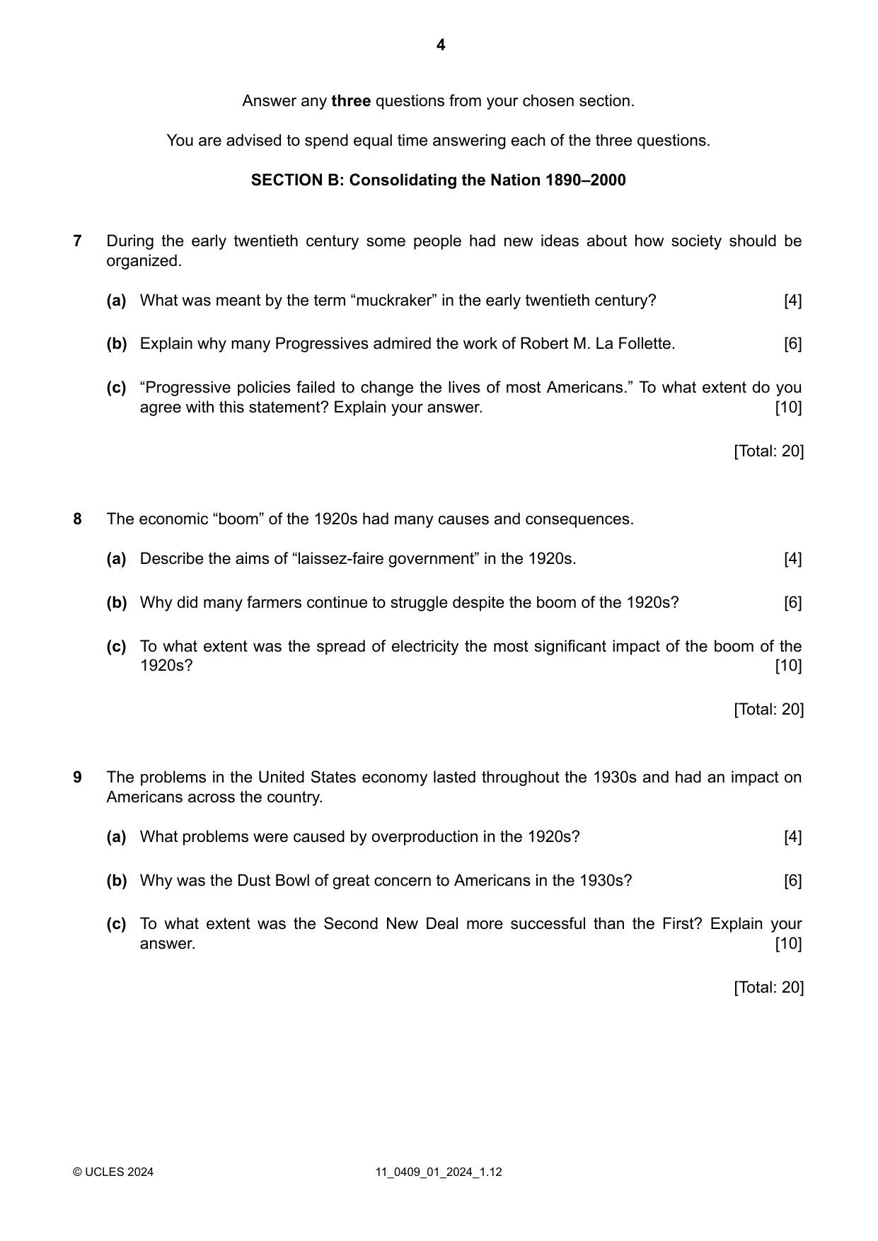 Cambridge IGCSE History American BES 0409 2024 Oct/Nov Paper 1 · Variant 0 question paper, page 4 of 8