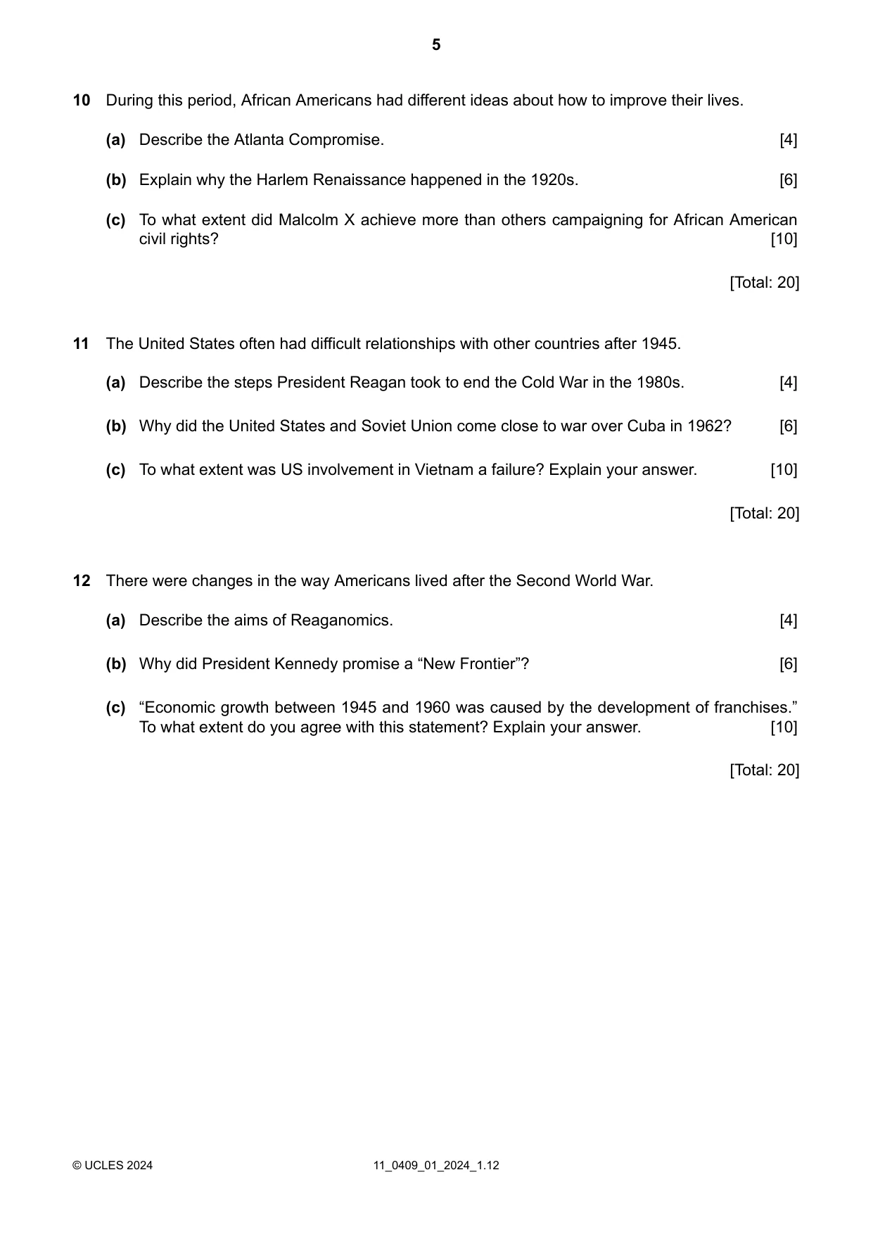 Cambridge IGCSE History American BES 0409 2024 Oct/Nov Paper 1 · Variant 0 question paper, page 5 of 8