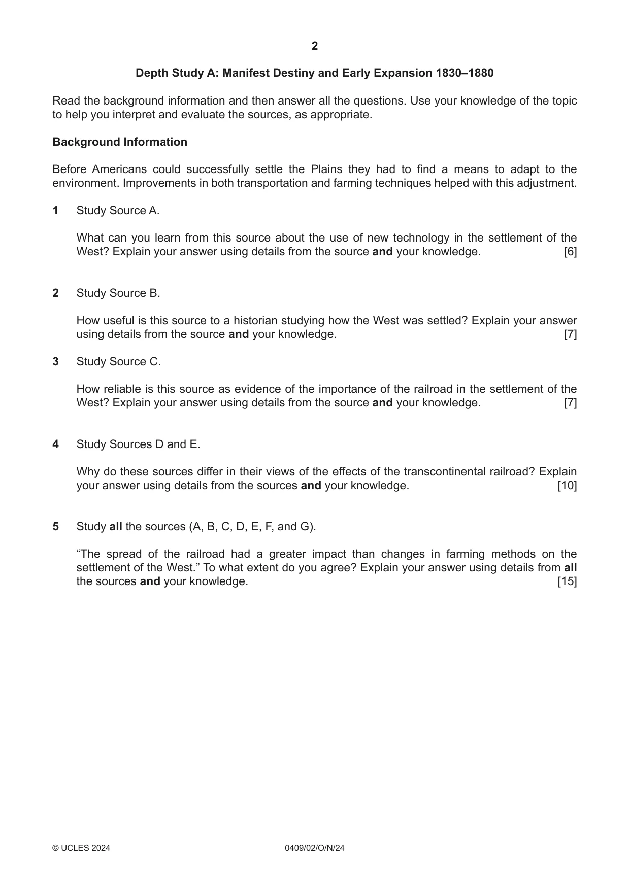 Cambridge IGCSE History American BES 0409 2024 Oct/Nov Paper 2 · Variant 0 question paper, page 2 of 8