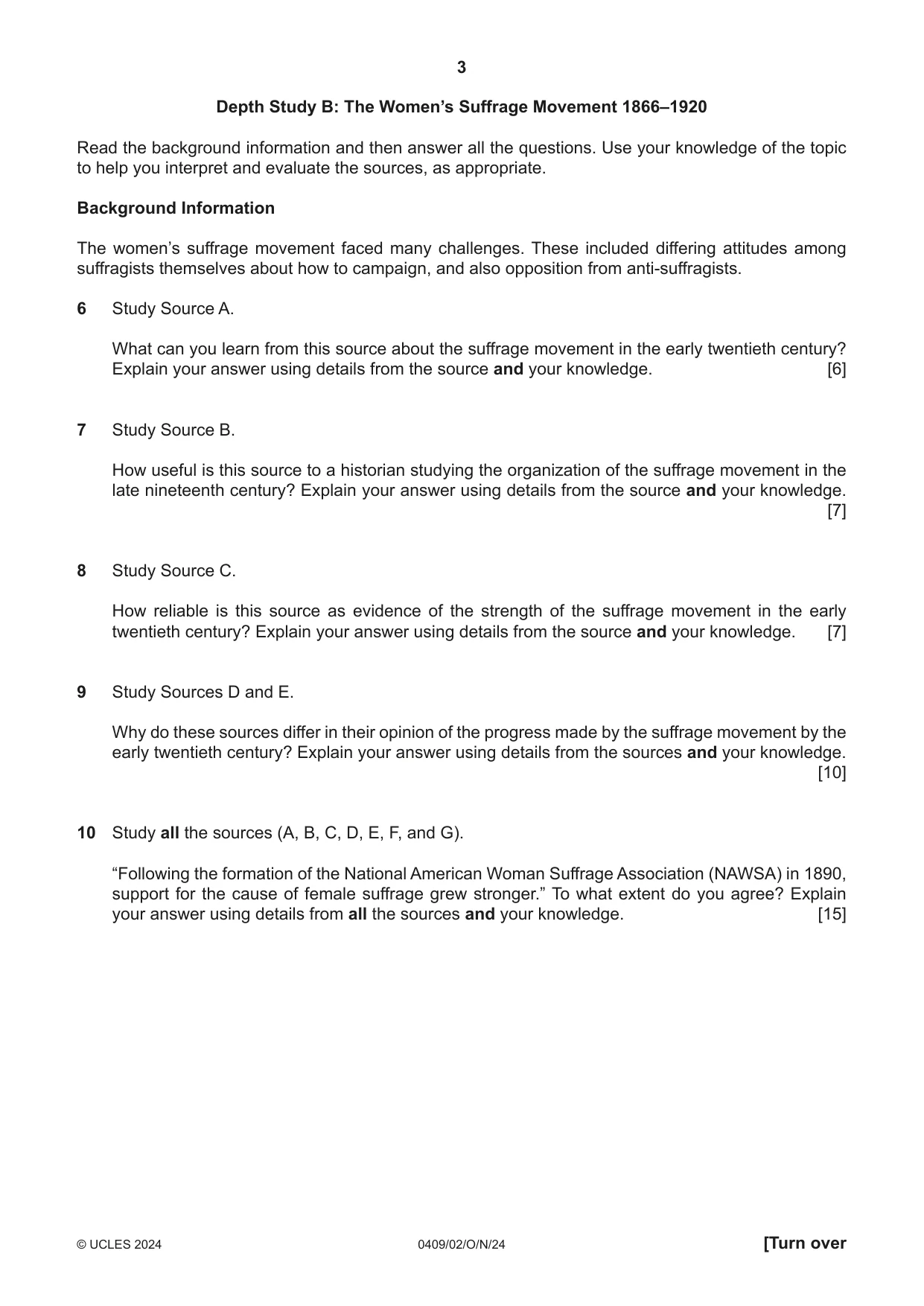 Cambridge IGCSE History American BES 0409 2024 Oct/Nov Paper 2 · Variant 0 question paper, page 3 of 8