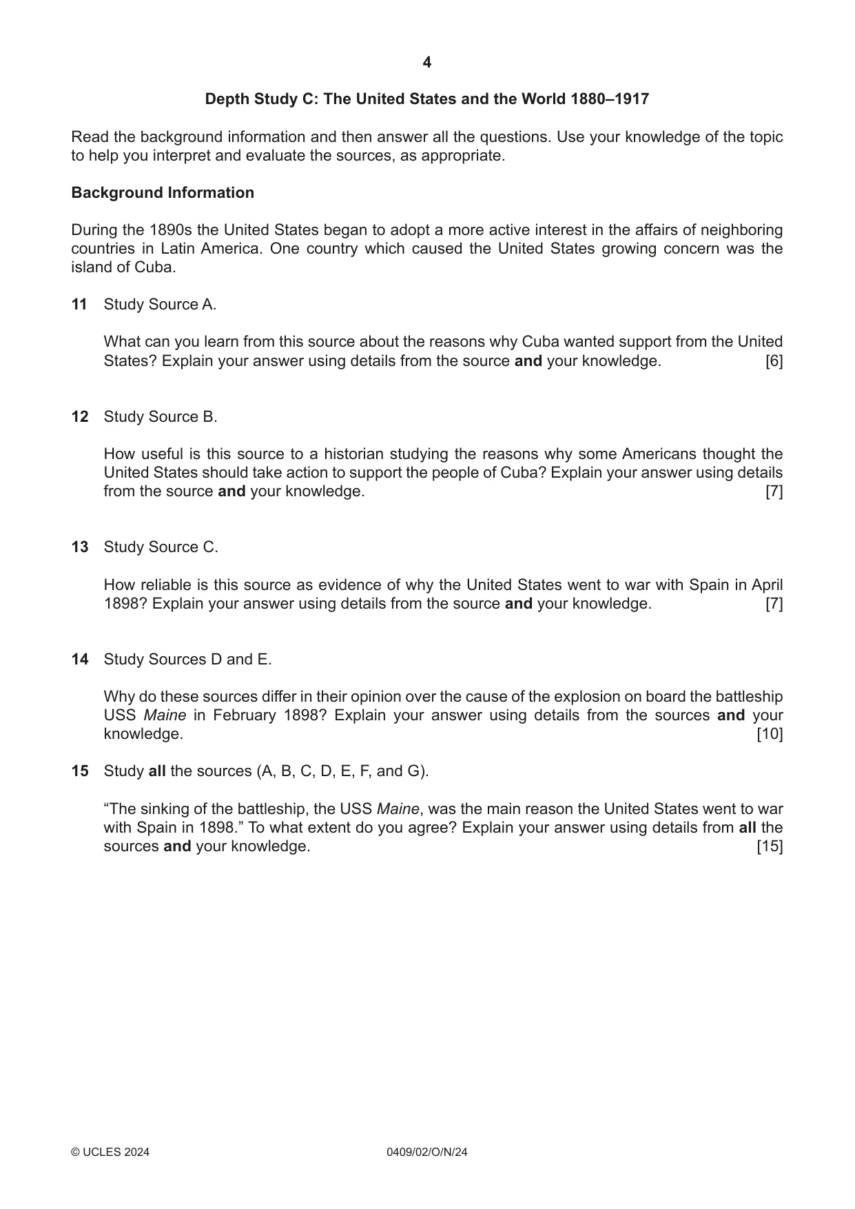 Cambridge IGCSE History American BES 0409 2024 Oct/Nov Paper 2 · Variant 0 question paper, page 4 of 8
