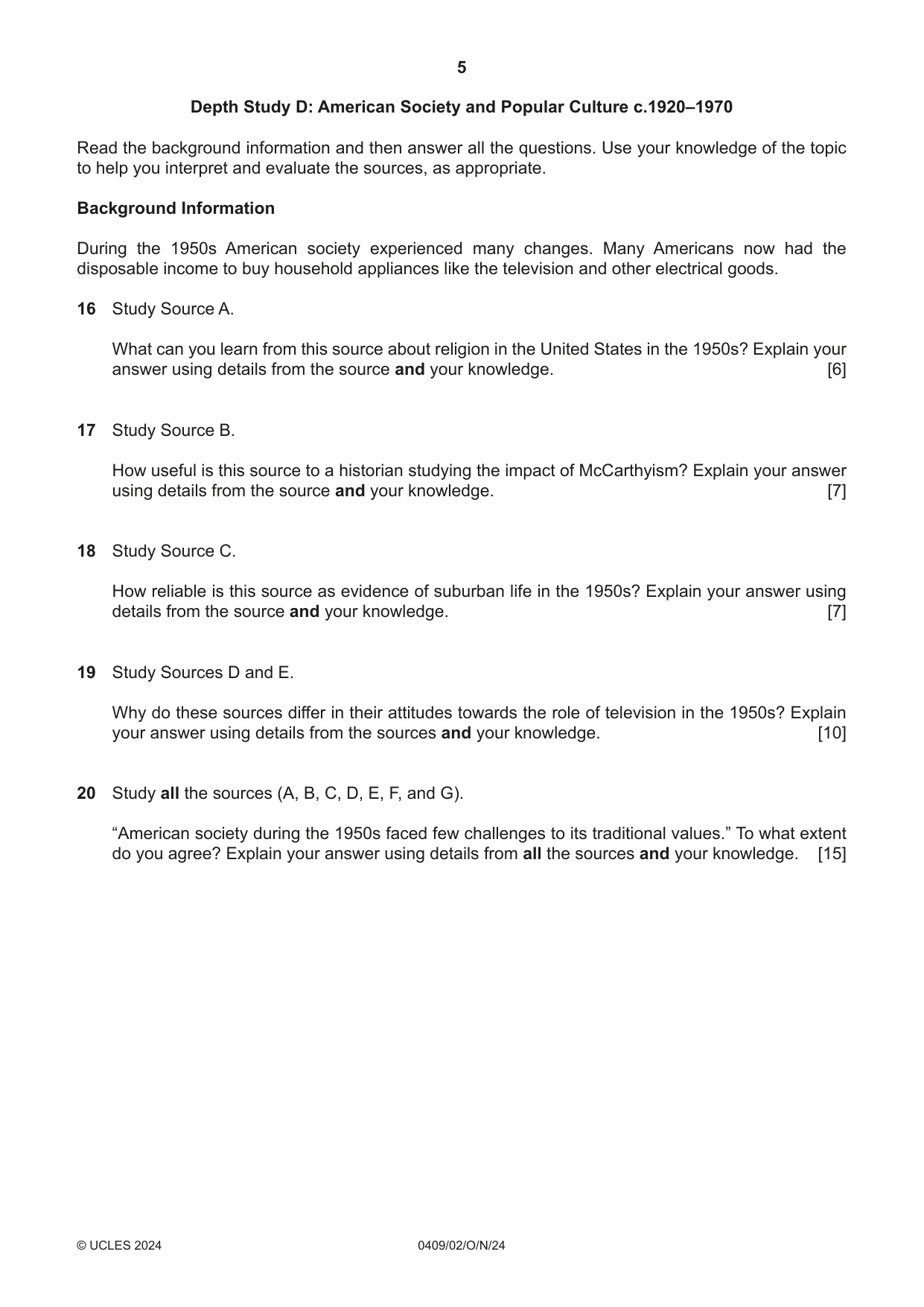Cambridge IGCSE History American BES 0409 2024 Oct/Nov Paper 2 · Variant 0 question paper, page 5 of 8