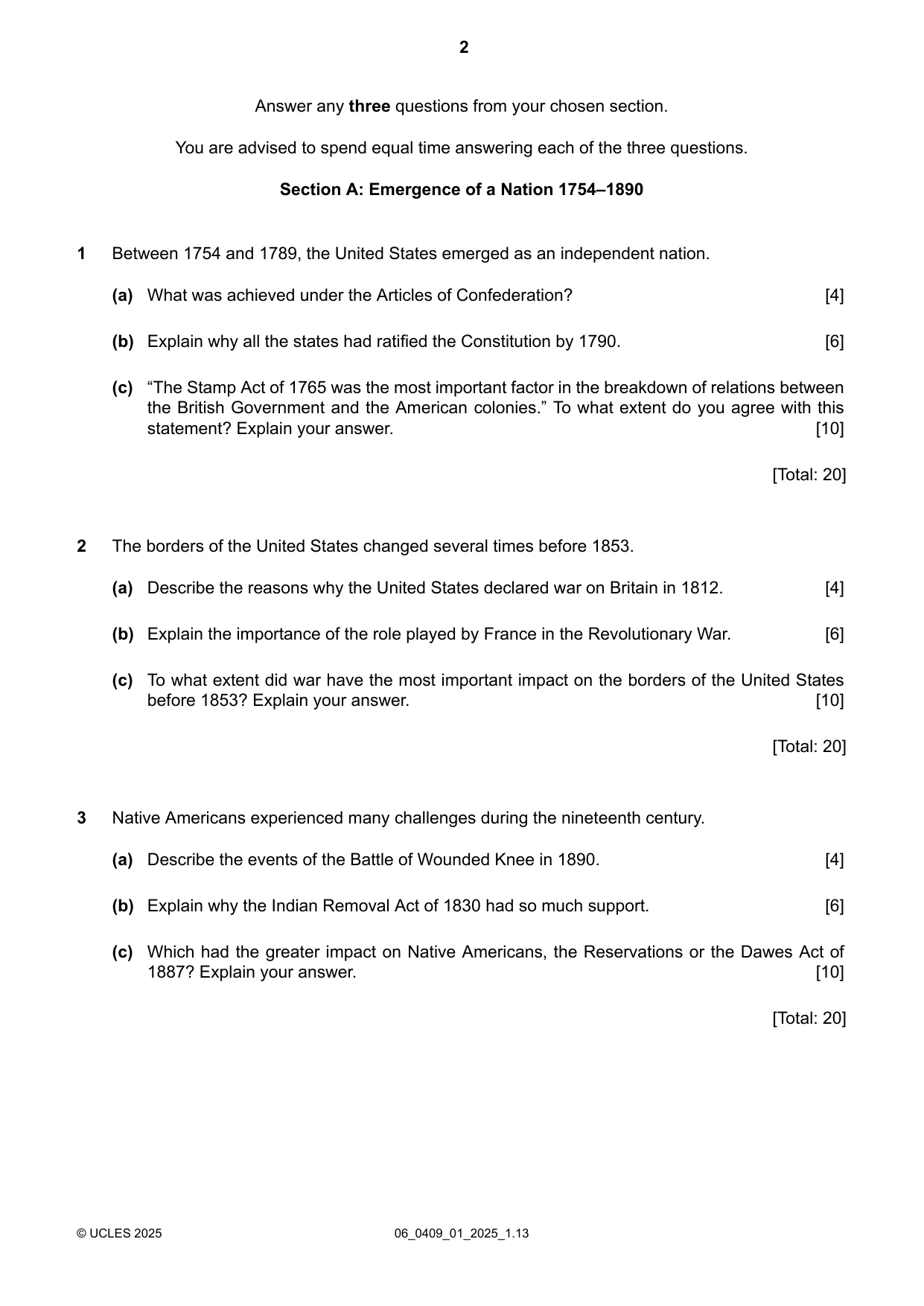 Cambridge IGCSE History American BES 0409 2025 May/June Paper 1 · Variant 0 question paper, page 2 of 8
