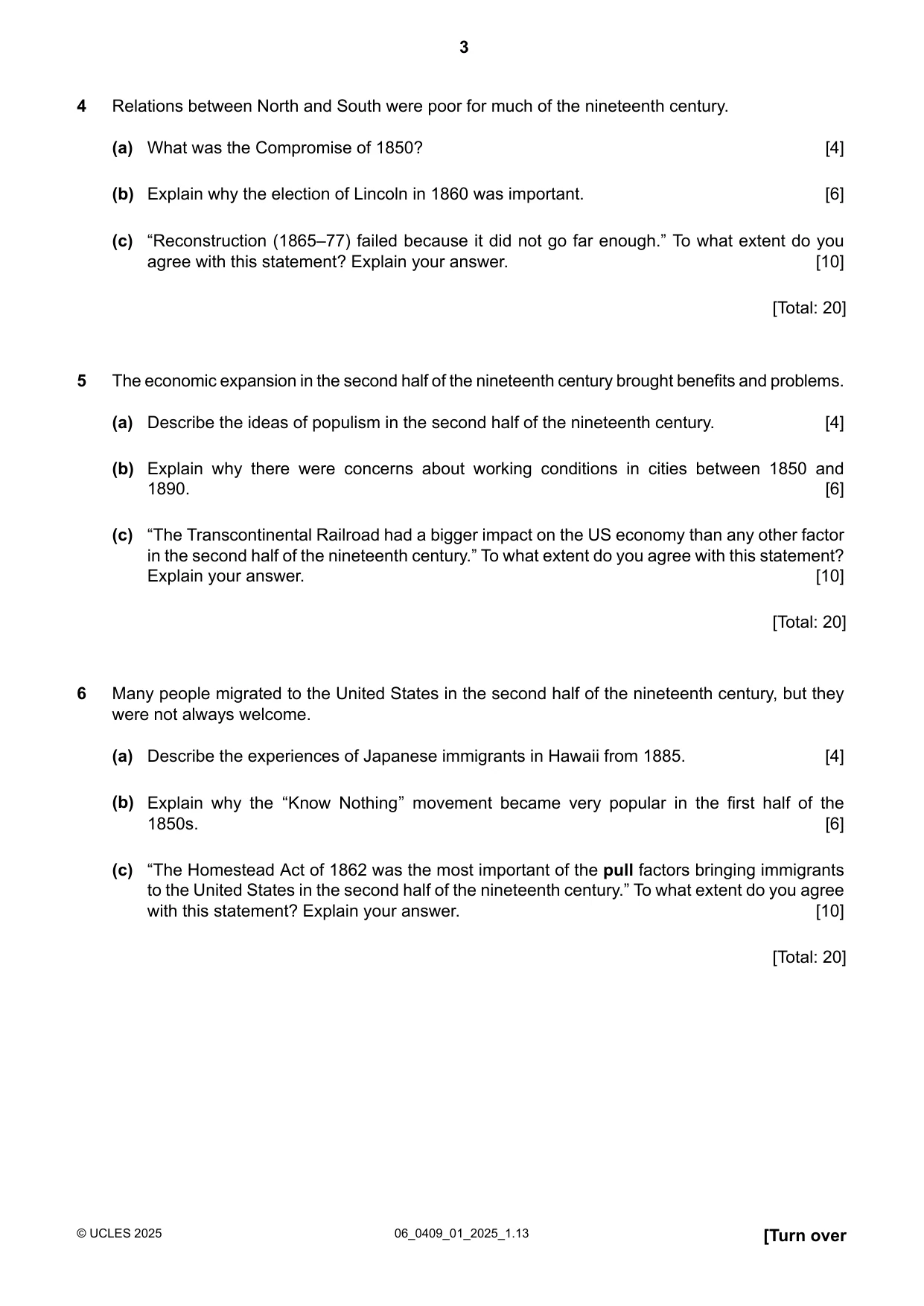 Cambridge IGCSE History American BES 0409 2025 May/June Paper 1 · Variant 0 question paper, page 3 of 8