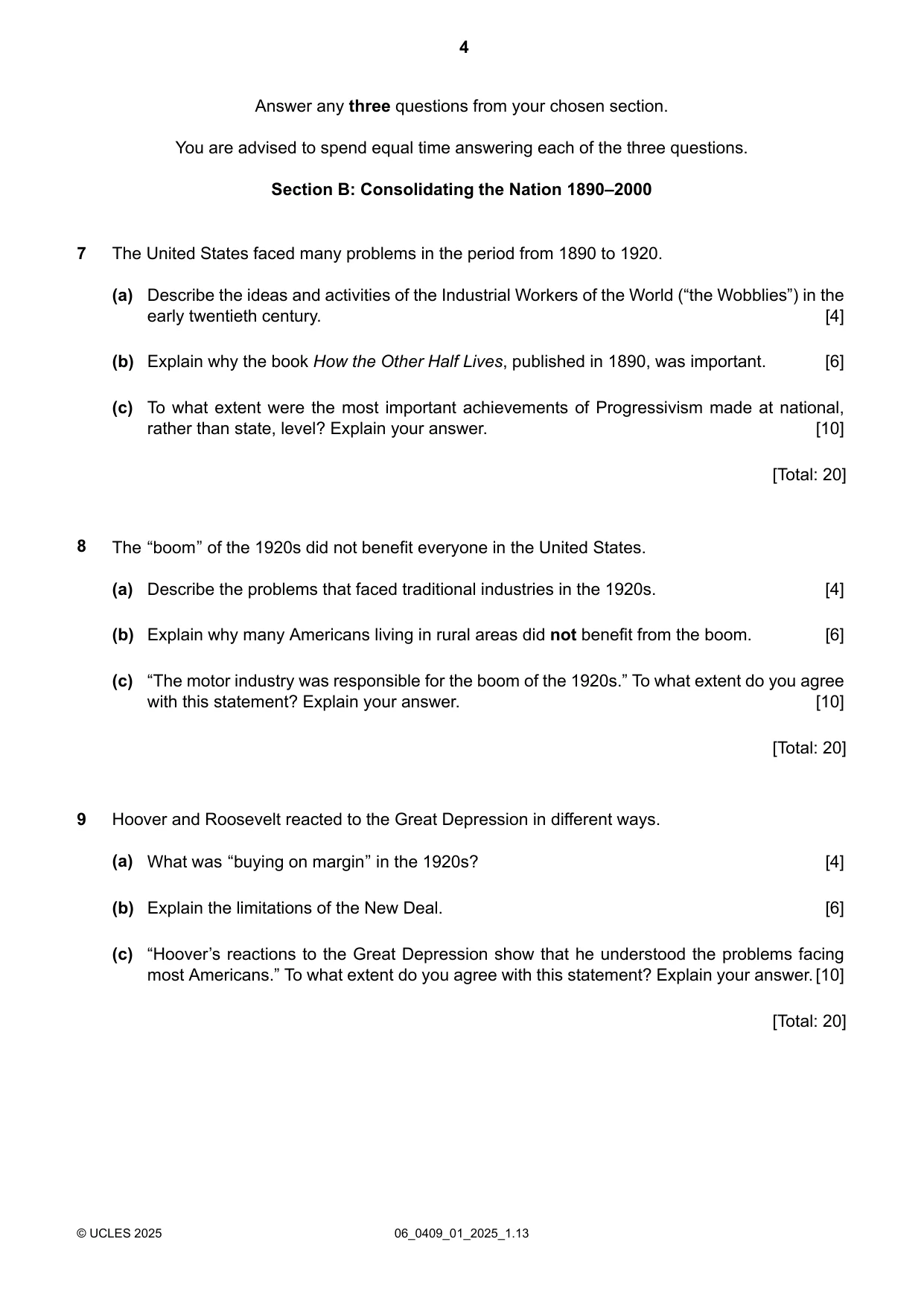 Cambridge IGCSE History American BES 0409 2025 May/June Paper 1 · Variant 0 question paper, page 4 of 8