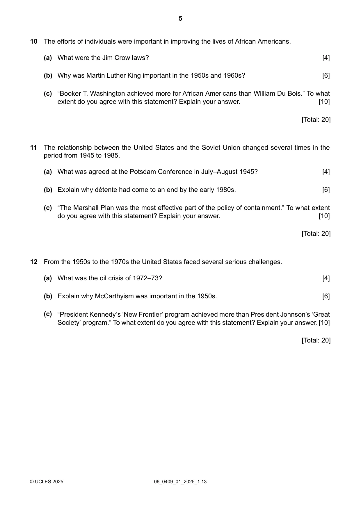 Cambridge IGCSE History American BES 0409 2025 May/June Paper 1 · Variant 0 question paper, page 5 of 8