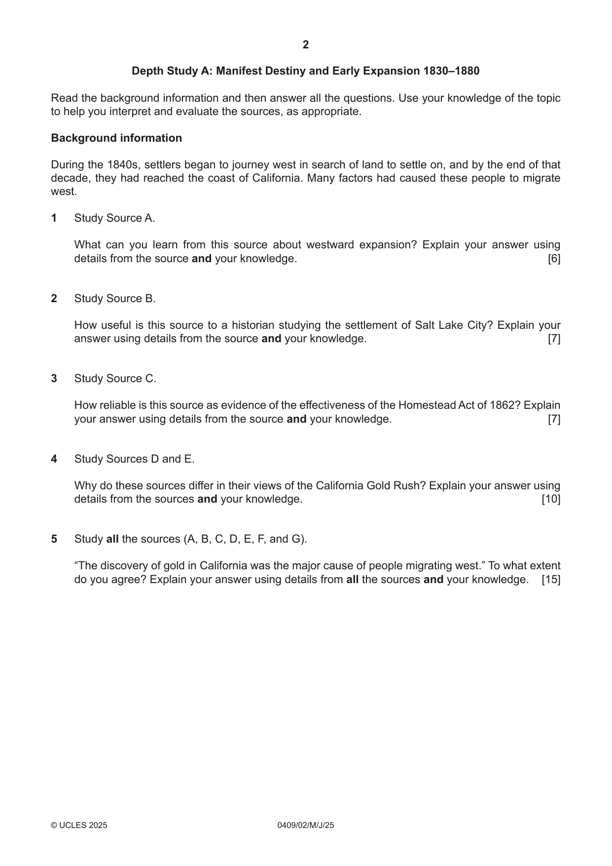 Cambridge IGCSE History American BES 0409 2025 May/June Paper 2 · Variant 0 question paper, page 2 of 8