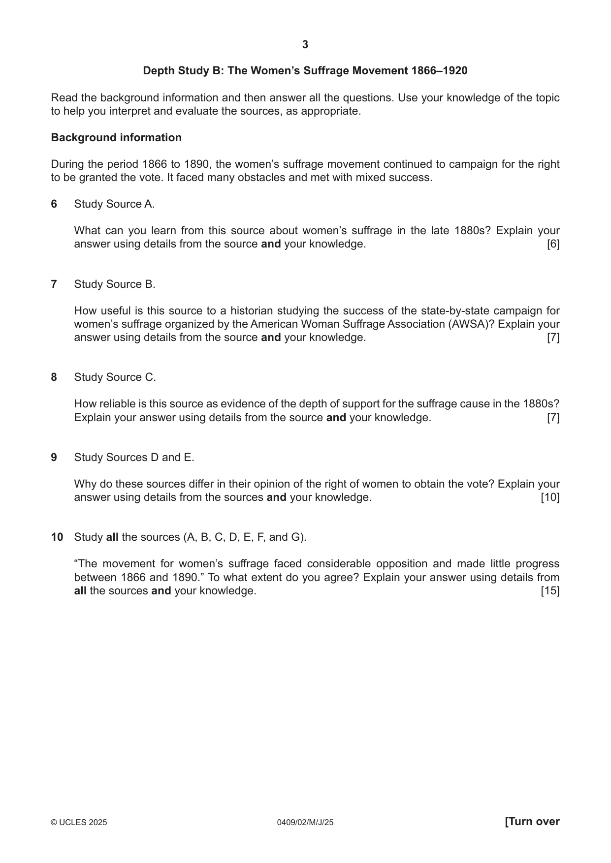 Cambridge IGCSE History American BES 0409 2025 May/June Paper 2 · Variant 0 question paper, page 3 of 8