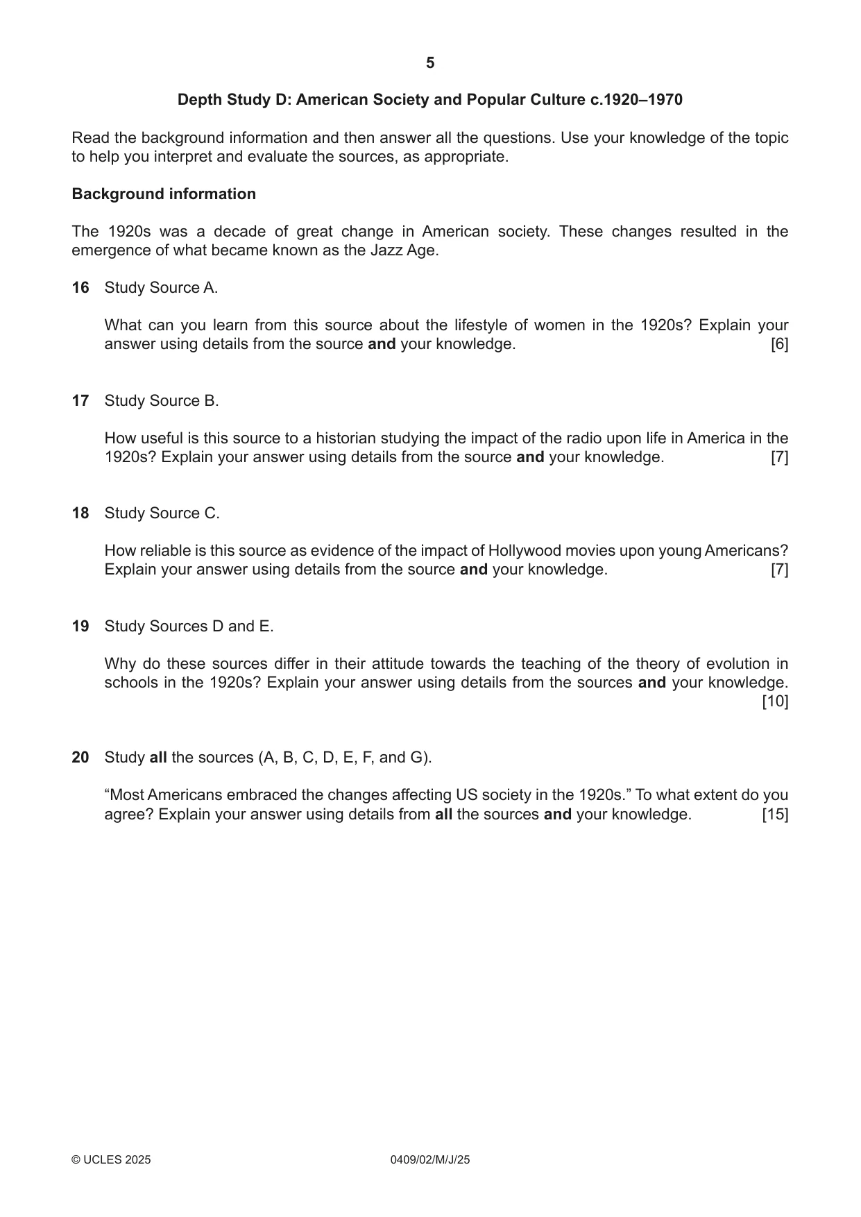 Cambridge IGCSE History American BES 0409 2025 May/June Paper 2 · Variant 0 question paper, page 5 of 8