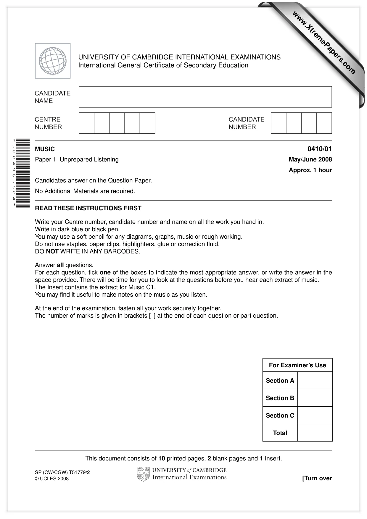 Cambridge IGCSE Music 0410 2008 May/June Paper 1 · Variant 1 question paper, page 1 of 14