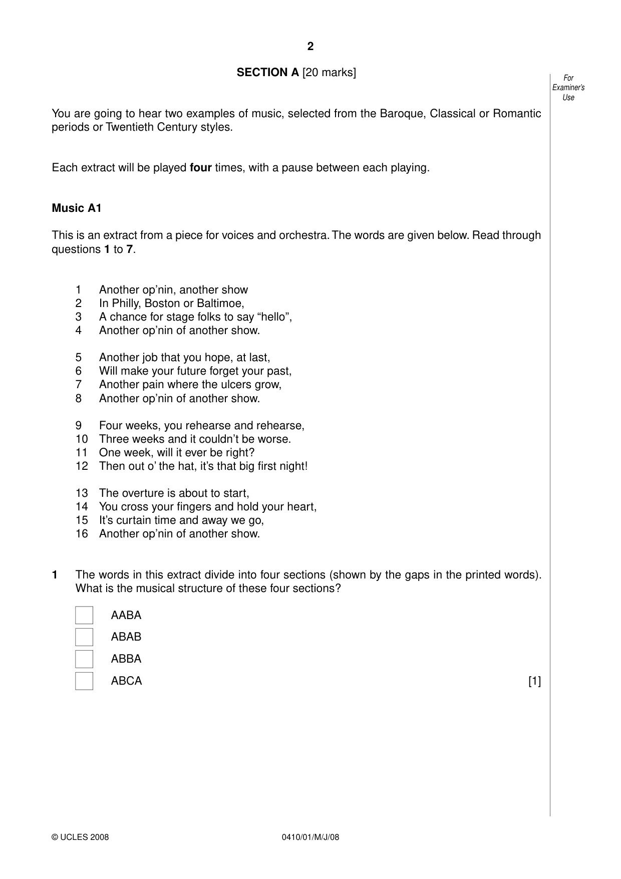 Cambridge IGCSE Music 0410 2008 May/June Paper 1 · Variant 1 question paper, page 2 of 14