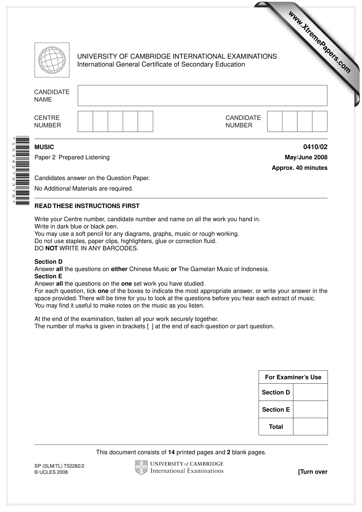 Cambridge IGCSE Music 0410 2008 May/June Paper 2 · Variant 1 question paper, page 1 of 16