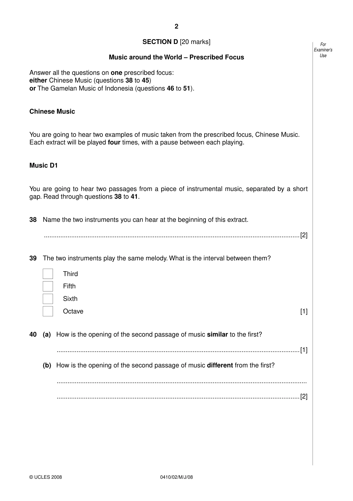 Cambridge IGCSE Music 0410 2008 May/June Paper 2 · Variant 1 question paper, page 2 of 16