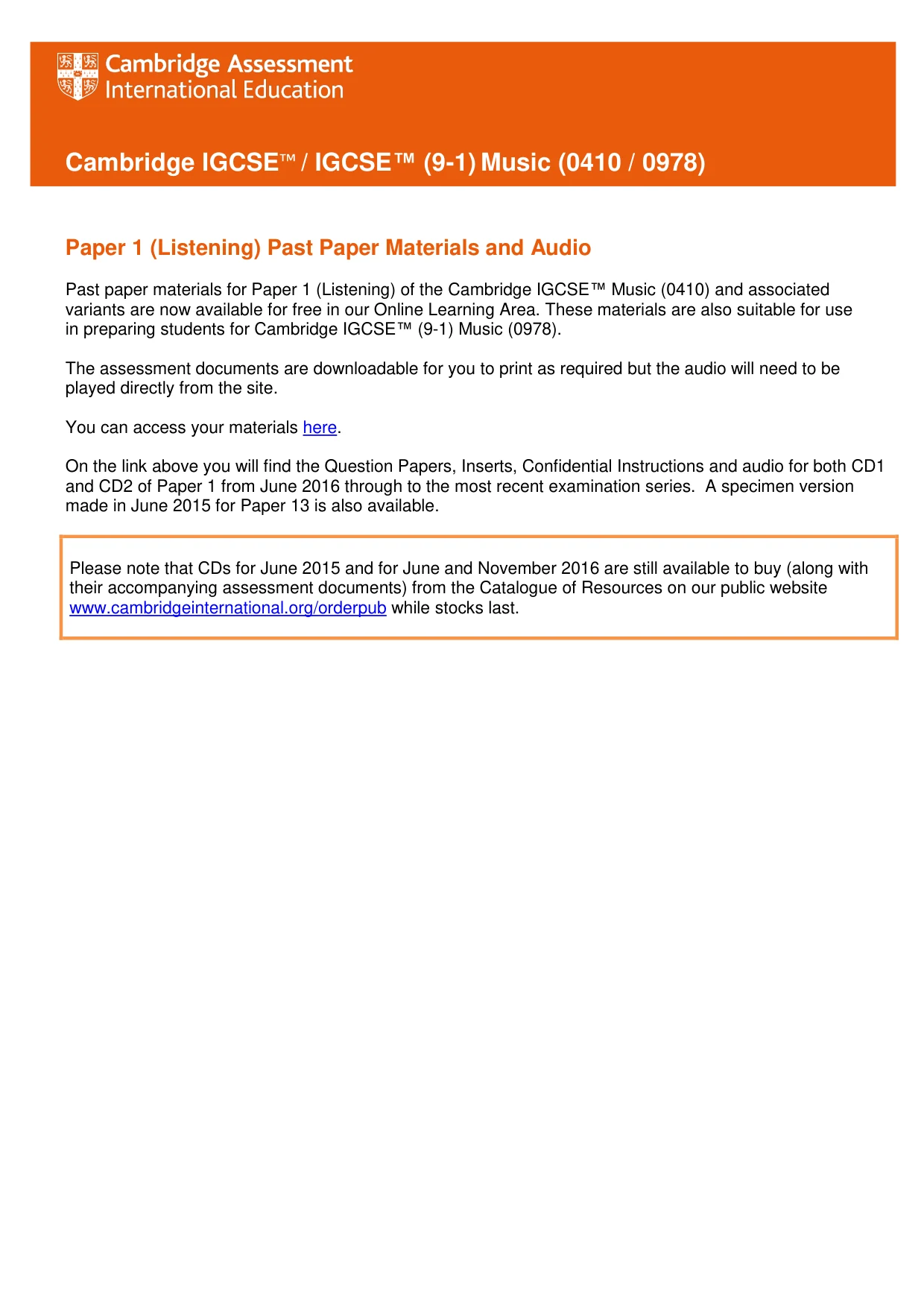 Cambridge IGCSE Music 0410 2018 May/June Paper 1 · Variant 0 question paper, page 1 of 1
