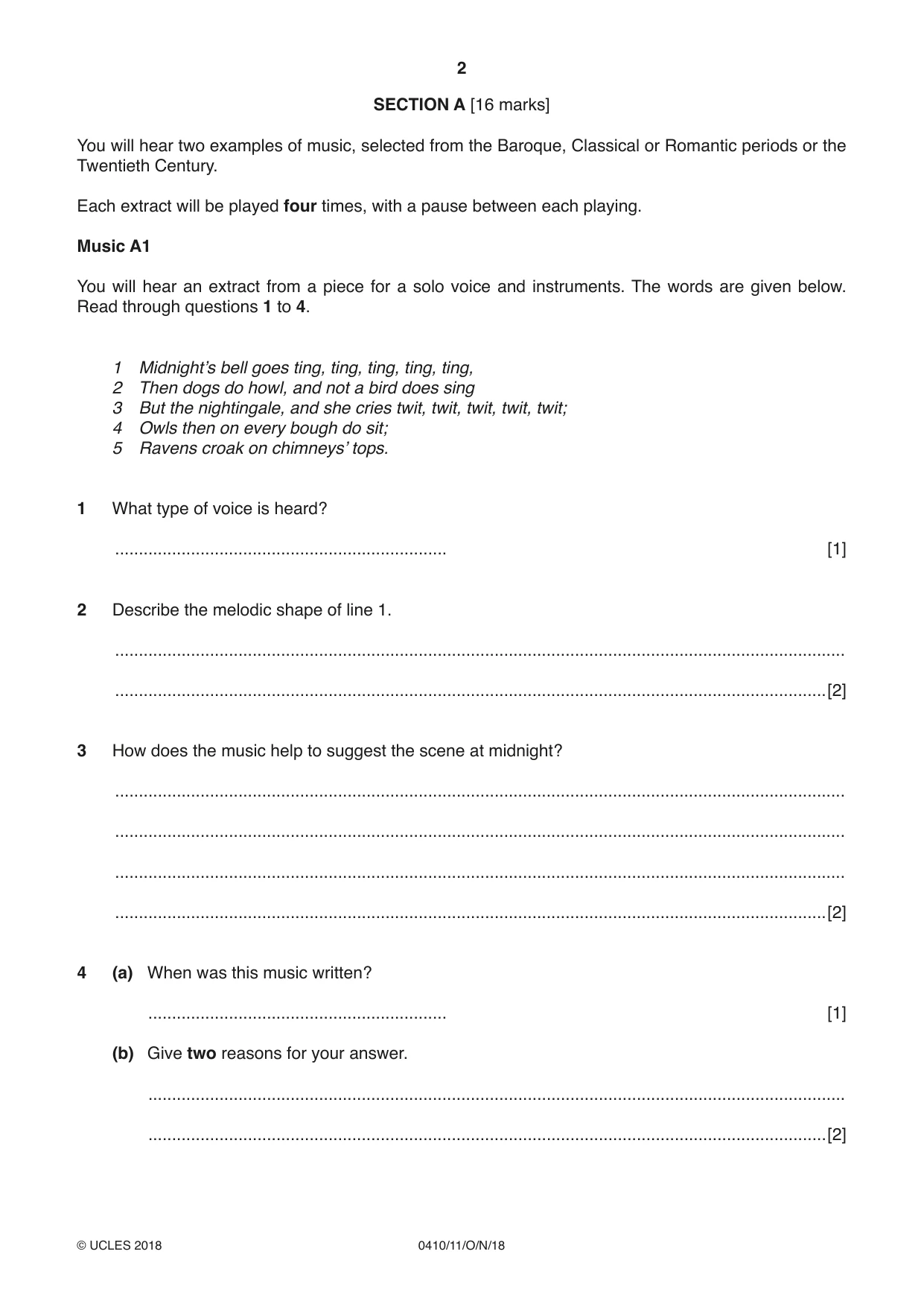 Cambridge IGCSE Music 0410 2018 Oct/Nov Paper 1 · Variant 1 question paper, page 2 of 16