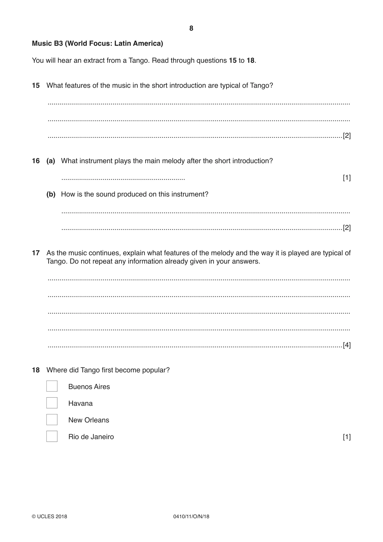 Cambridge IGCSE Music 0410 2018 Oct/Nov Paper 1 · Variant 1 question paper, page 8 of 16