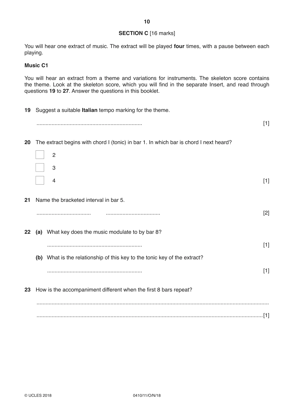 Cambridge IGCSE Music 0410 2018 Oct/Nov Paper 1 · Variant 1 question paper, page 10 of 16