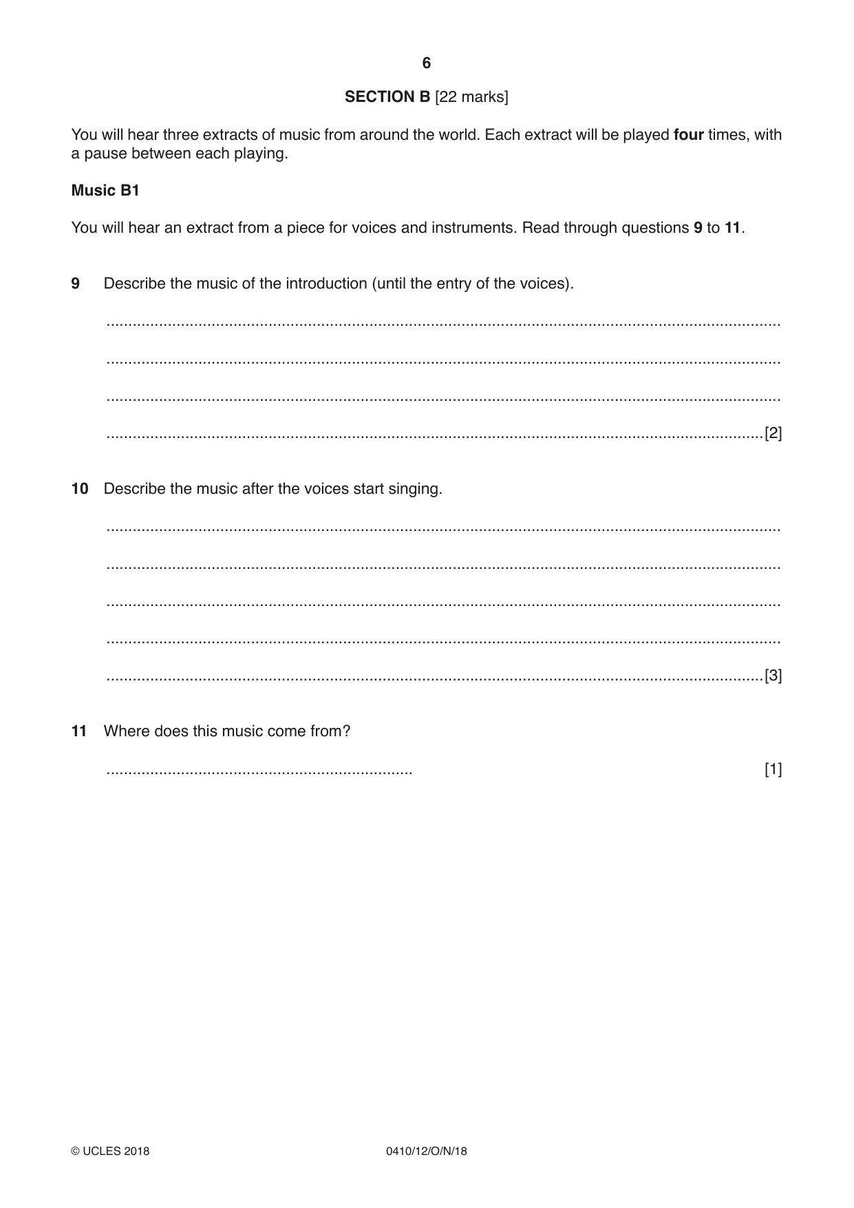 Cambridge IGCSE Music 0410 2018 Oct/Nov Paper 1 · Variant 2 question paper, page 6 of 16