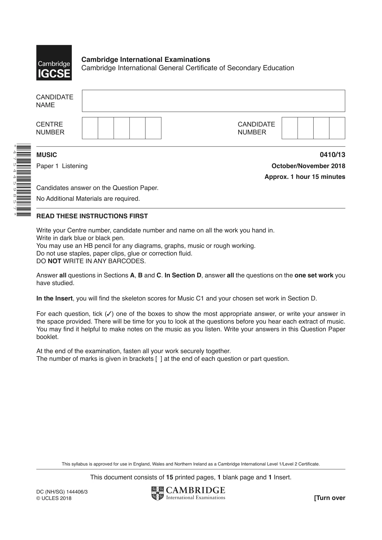 Cambridge IGCSE Music 0410 2018 Oct/Nov Paper 1 · Variant 3 question paper, page 1 of 16