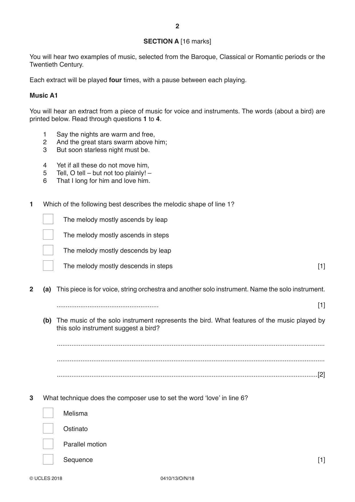 Cambridge IGCSE Music 0410 2018 Oct/Nov Paper 1 · Variant 3 question paper, page 2 of 16