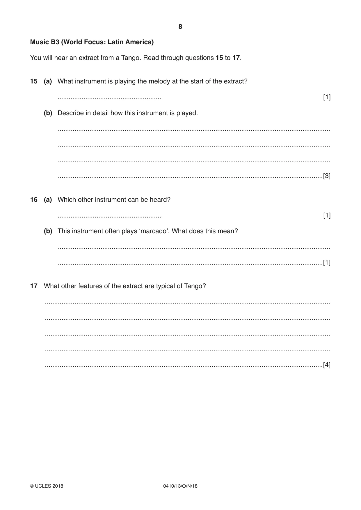 Cambridge IGCSE Music 0410 2018 Oct/Nov Paper 1 · Variant 3 question paper, page 8 of 16