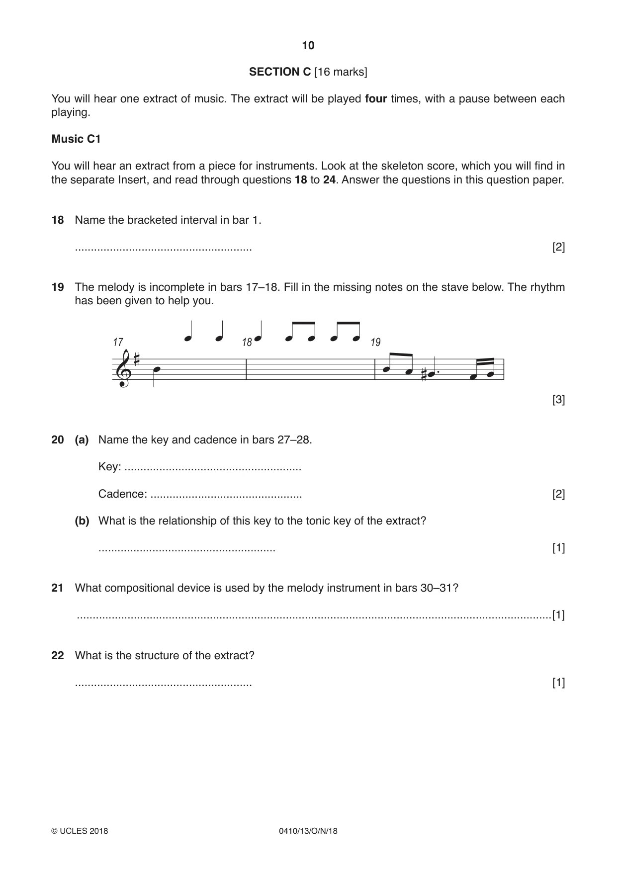 Cambridge IGCSE Music 0410 2018 Oct/Nov Paper 1 · Variant 3 question paper, page 10 of 16