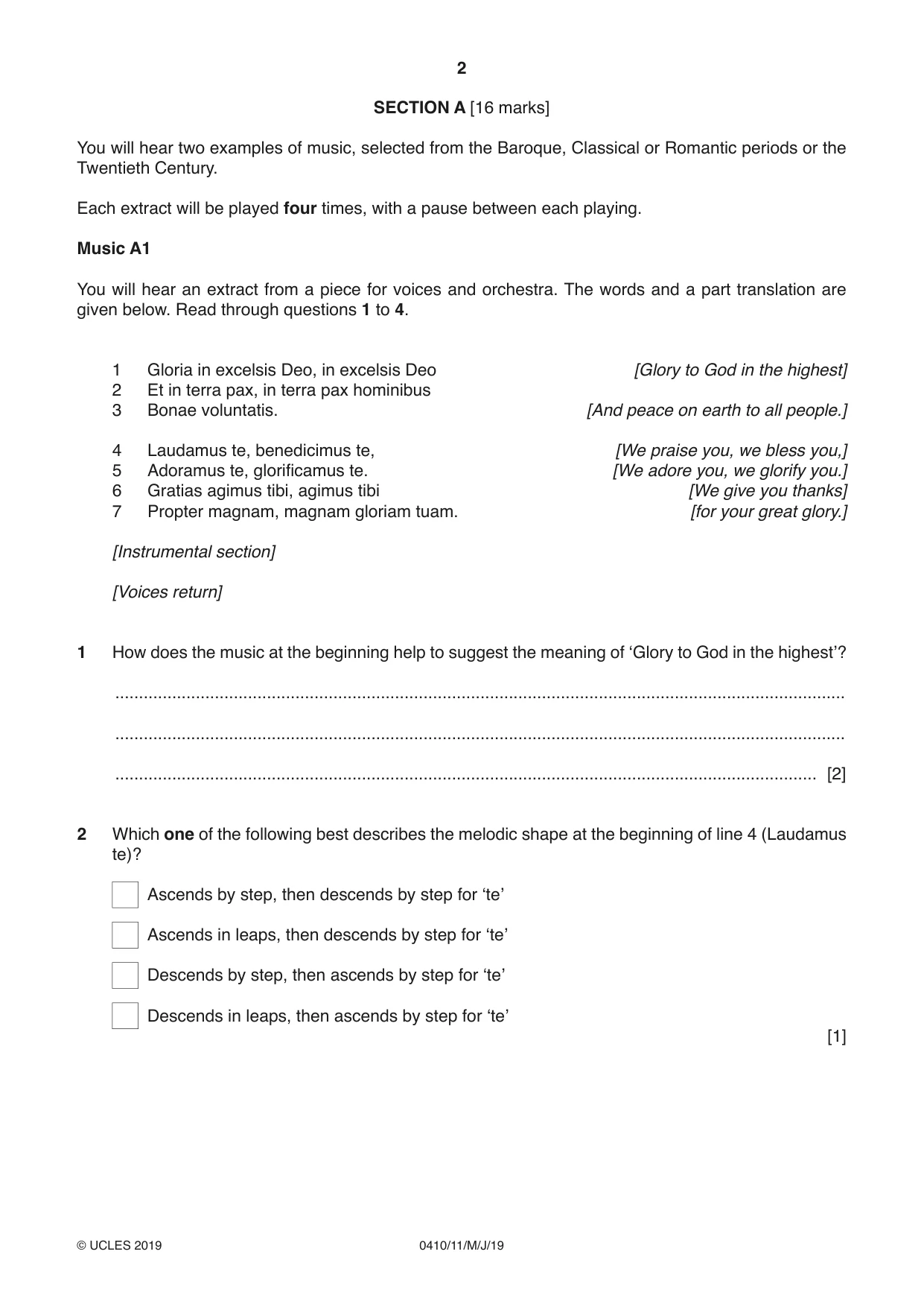 Cambridge IGCSE Music 0410 2019 May/June Paper 1 · Variant 1 question paper, page 2 of 16