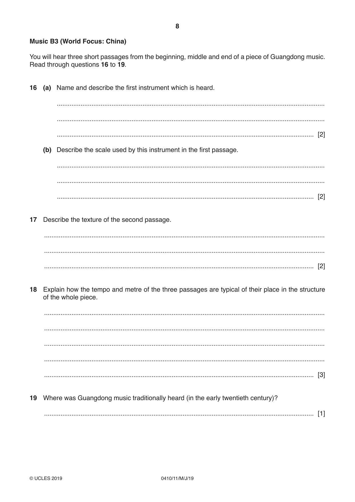 Cambridge IGCSE Music 0410 2019 May/June Paper 1 · Variant 1 question paper, page 8 of 16