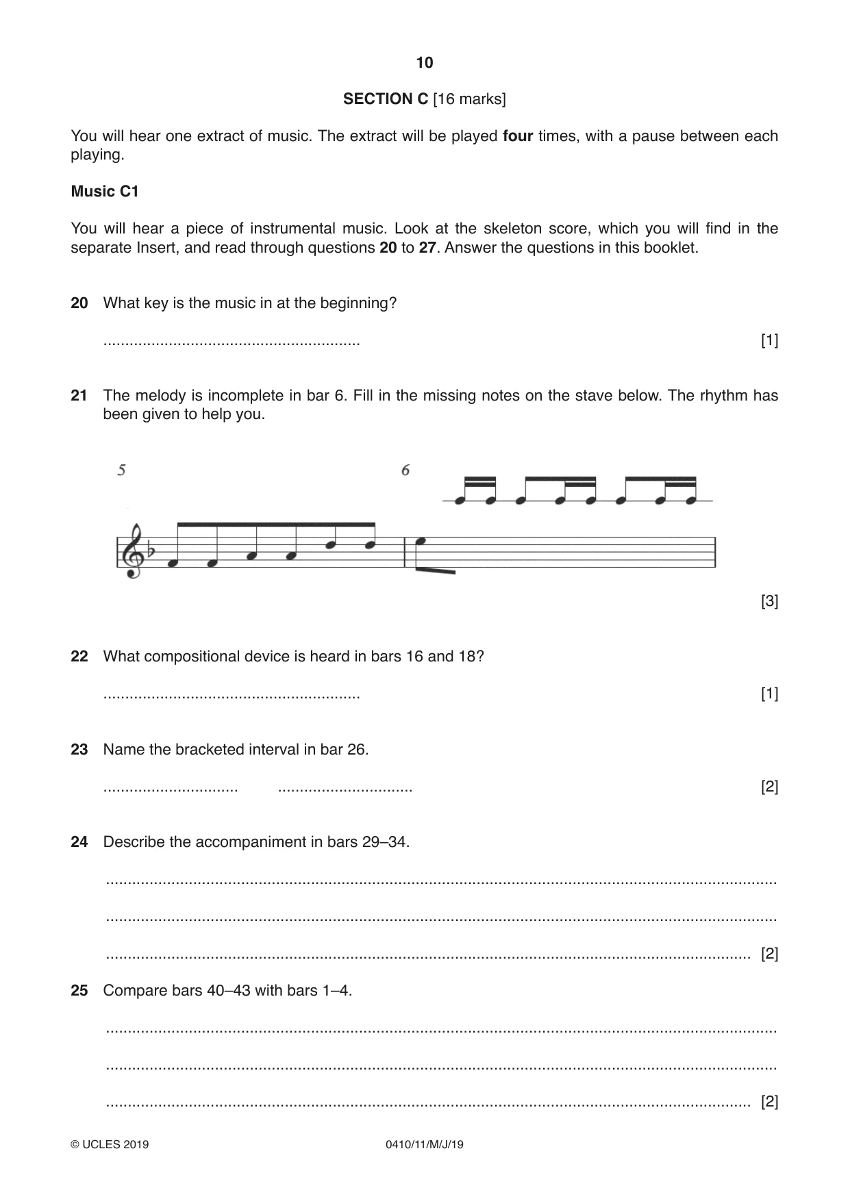 Cambridge IGCSE Music 0410 2019 May/June Paper 1 · Variant 1 question paper, page 10 of 16