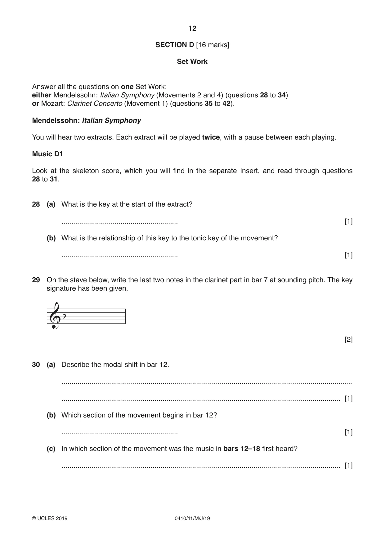 Cambridge IGCSE Music 0410 2019 May/June Paper 1 · Variant 1 question paper, page 12 of 16