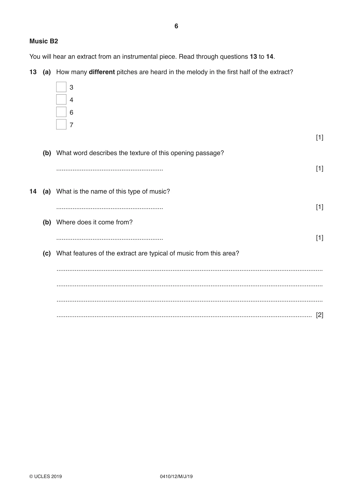 Cambridge IGCSE Music 0410 2019 May/June Paper 1 · Variant 2 question paper, page 6 of 16