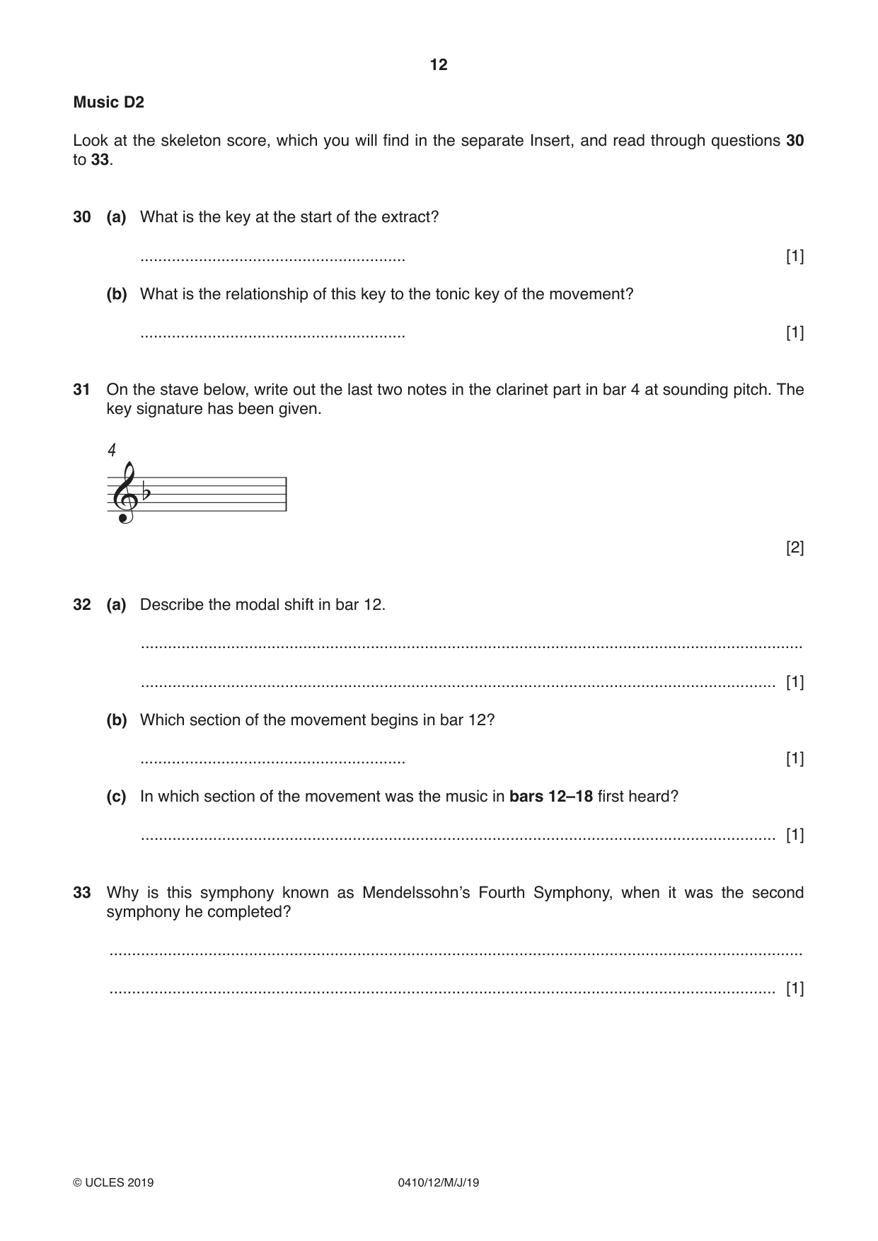 Cambridge IGCSE Music 0410 2019 May/June Paper 1 · Variant 2 question paper, page 12 of 16