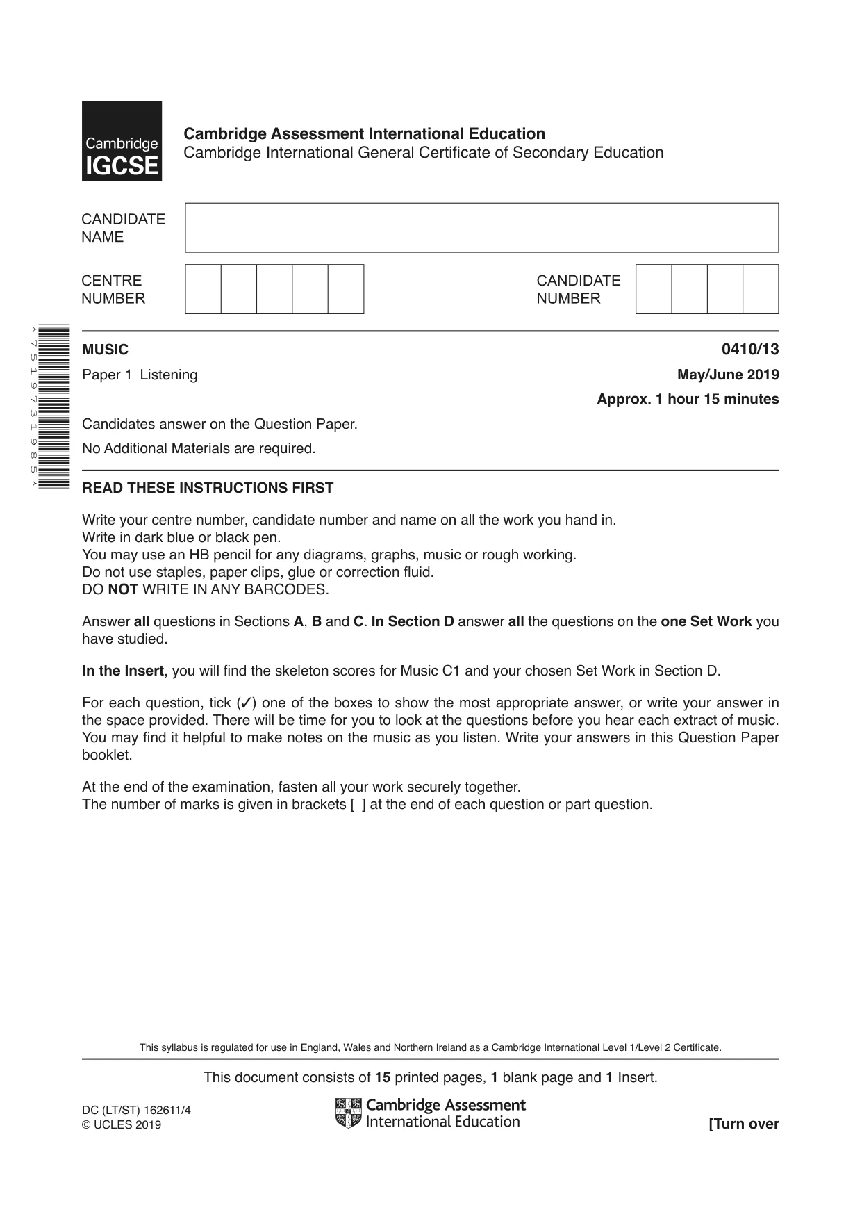 Cambridge IGCSE Music 0410 2019 May/June Paper 1 · Variant 3 question paper, page 1 of 16