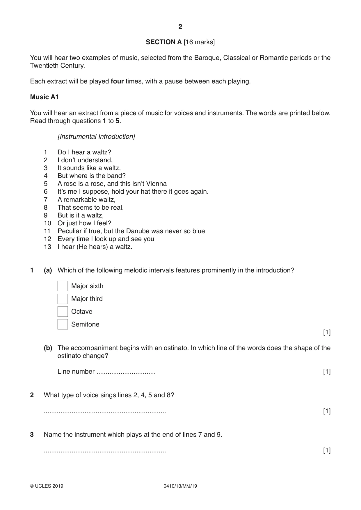 Cambridge IGCSE Music 0410 2019 May/June Paper 1 · Variant 3 question paper, page 2 of 16