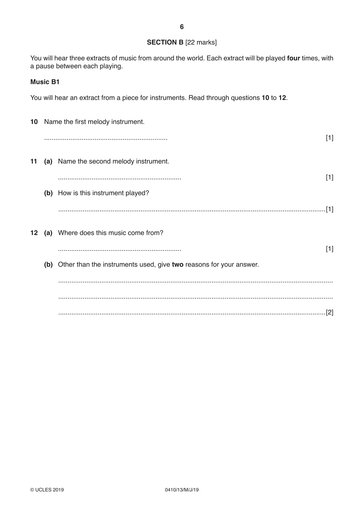 Cambridge IGCSE Music 0410 2019 May/June Paper 1 · Variant 3 question paper, page 6 of 16