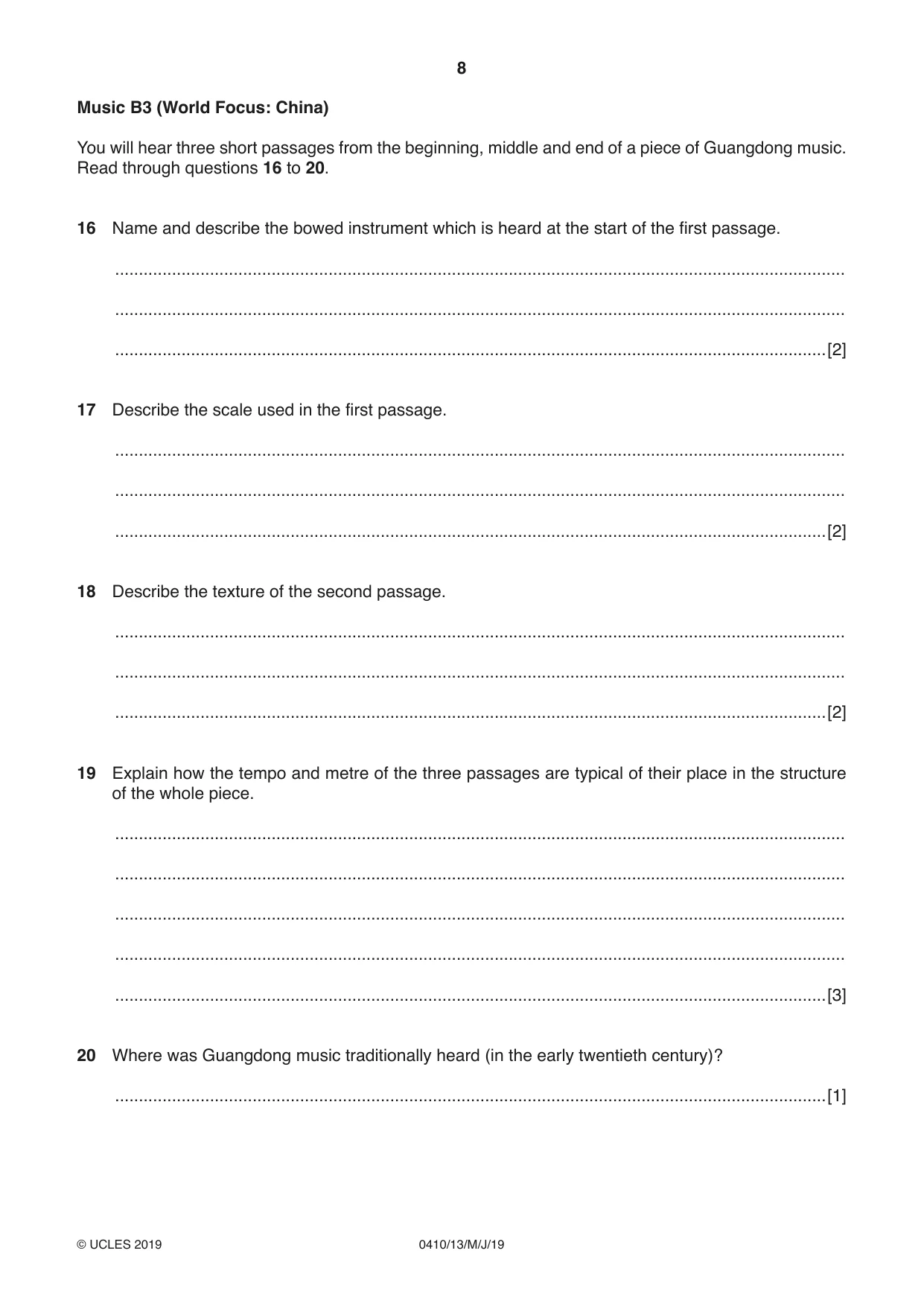 Cambridge IGCSE Music 0410 2019 May/June Paper 1 · Variant 3 question paper, page 8 of 16
