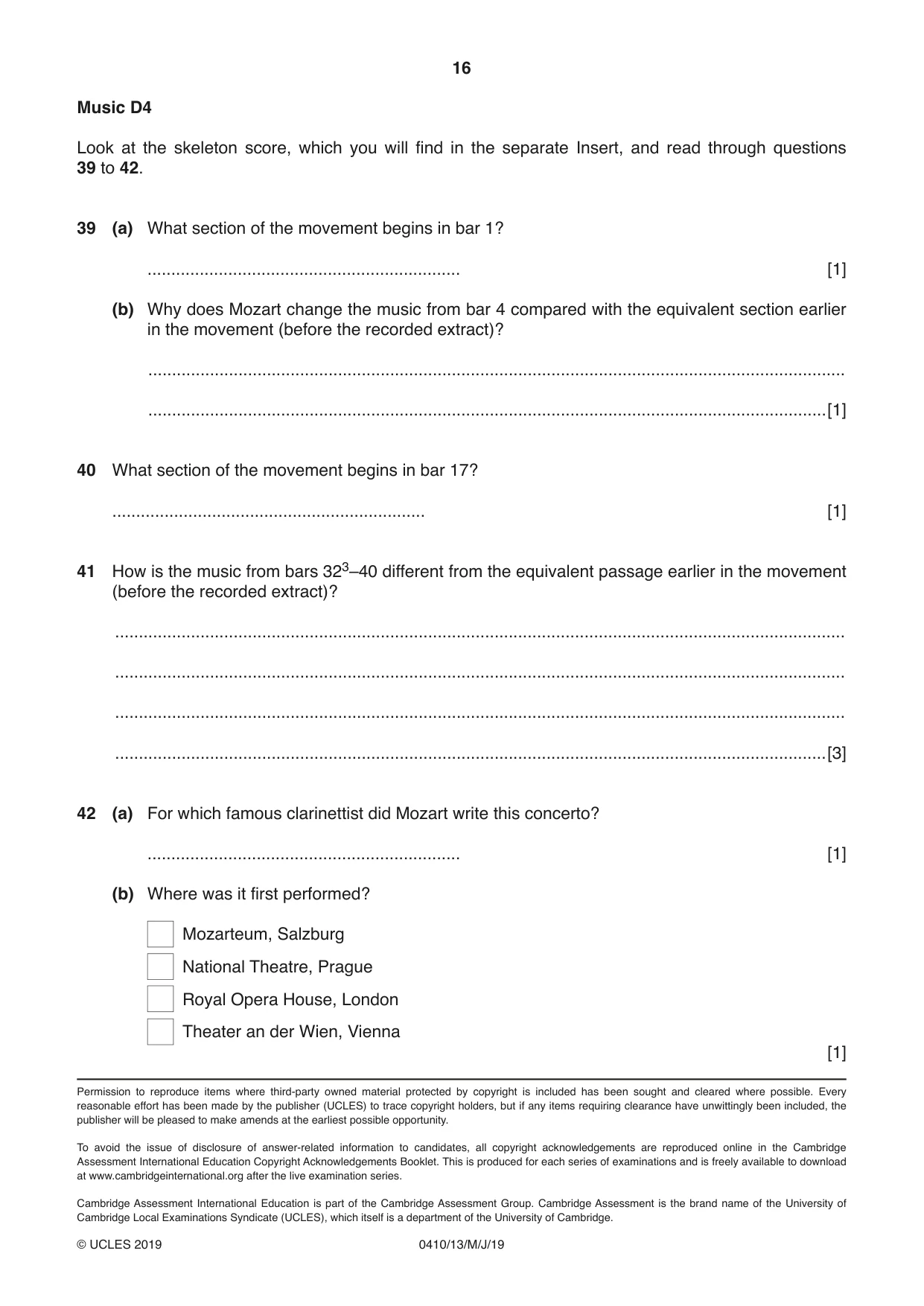 Cambridge IGCSE Music 0410 2019 May/June Paper 1 · Variant 3 question paper, page 16 of 16